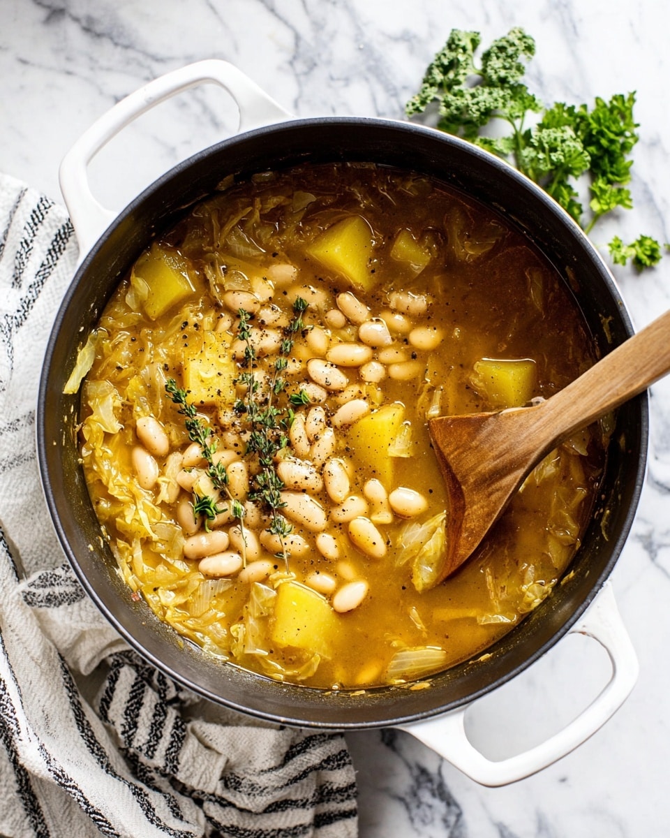 The image shows a large black pot with white handles filled with a warm soup. The soup has three main layers: a bottom layer of light brown broth mixed with small pieces of cooked cabbage and seasoning, a middle layer with large yellow potato chunks, and a top layer of white beans sprinkled with fresh green herb leaves and black pepper. A wooden spoon lies inside the pot, partially submerged in the soup. The pot rests on a white marbled surface with a white and black striped cloth nearby, and fresh green herbs are placed to the side. Photo taken with an iphone --ar 4:5 --v 7