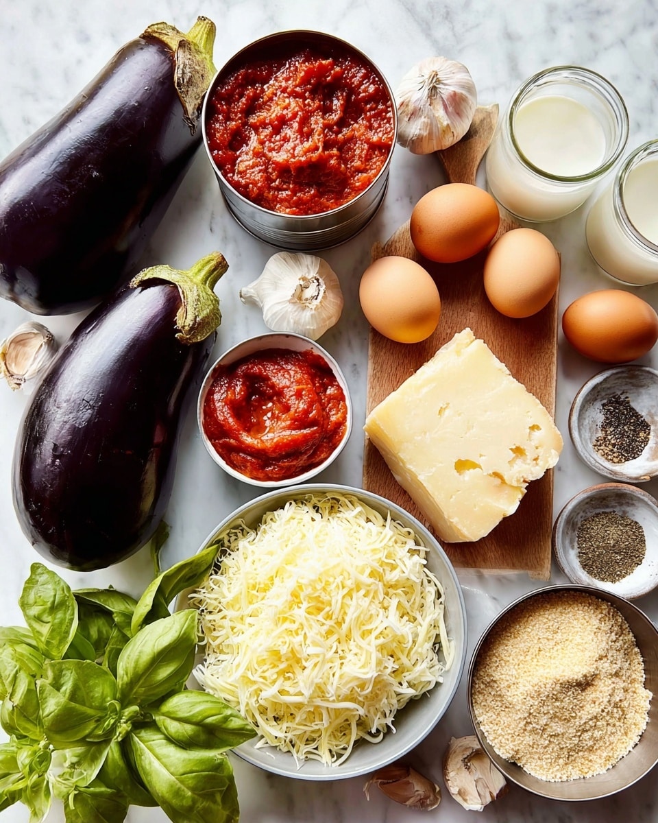 A white marbled surface holds a spread of fresh ingredients: four large, glossy dark purple eggplants positioned around the edges; a tin of bright red tomato sauce near the top center with a few whole garlic bulbs next to it; a small wooden board at the center with a bowl of light yellow shredded cheese, three brown eggs, and a block of hard pale orange cheese with a measuring spoon of deep red tomato paste resting on it; a large bowl filled with pale yellow shredded mozzarella on the left; fresh green basil leaves in the lower center; small white dishes containing black pepper and salt; a metal bowl filled with light brown breadcrumbs on the right; clear glasses holding cream-colored oil and white milk at the upper right. Photo taken with an iphone --ar 4:5 --v 7