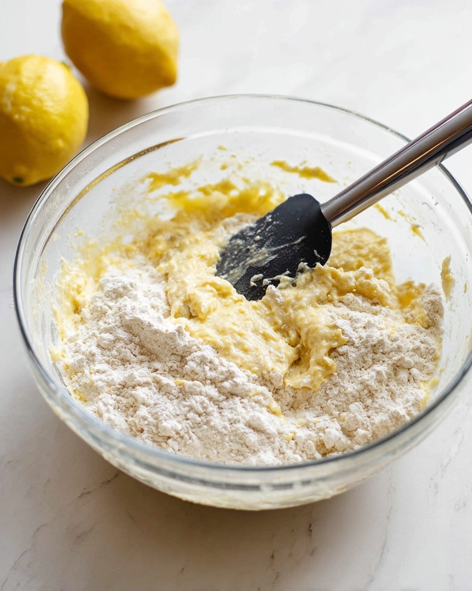 A clear glass mixing bowl sits on a white marbled surface with a creamy yellow batter in it, partially covered by white flour powder. Inside the bowl, a black and silver spatula is resting with some batter stuck to it. Two whole yellow lemons are placed in the background on the white marbled surface, slightly out of focus. The batter has a soft, thick texture and the flour on top looks dry and powdery. Photo taken with an iphone --ar 4:5 --v 7