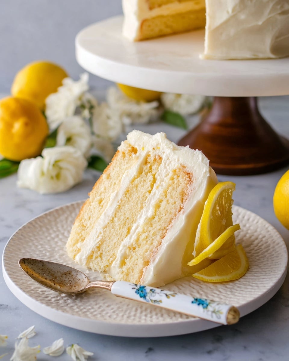 A thick slice of three-layer lemon cake sits on a white plate with a textured edge. Each cake layer is pale yellow and moist, separated by smooth, creamy white frosting that also covers the outside. A few thin lemon slices are tucked behind the cake on the plate. Next to the cake is a spoon with a white and blue floral handle. The scene is set on a surface with a white marbled texture, with whole and halved lemons and white flowers softly blurred in the background. The cake rests on a white marble cake stand with a dark wooden base. Photo taken with an iphone --ar 4:5 --v 7