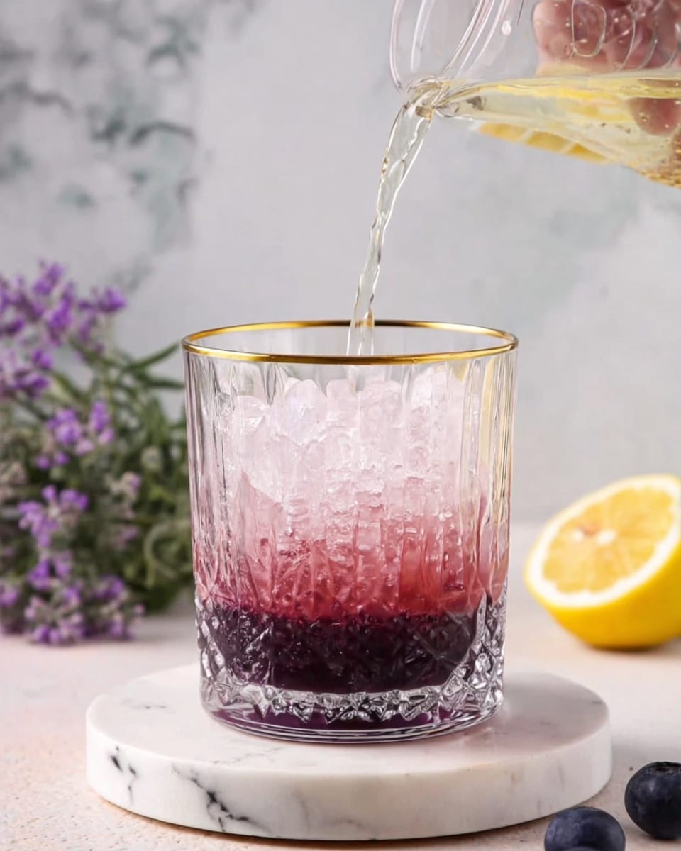 A clear decorative glass with a gold rim holds a layered drink on a white marbled coaster. The first bottom layer is dark purple and thick, filling about one-third of the glass. Above this, a light pink layer with small ice cubes fills the rest of the glass. A clear liquid is being poured into the glass from a transparent container held by a woman's hand on the top right side. The background and surface have a white marbled texture with a sprig of green herb on the bottom left, a yellow lemon slice on the bottom right, some blueberries near the center right, and some purple flowers in the top left. Photo taken with an iphone --ar 4:5 --v 7