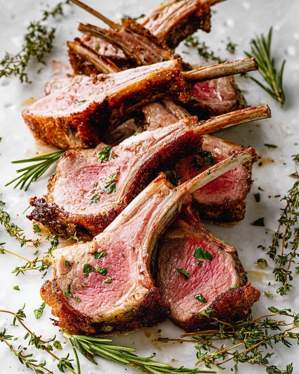 Two thick slices of cooked meat stacked on a white marbled surface, the top slice showing a pink, tender inside with some green herb flakes and a brown grilled crust on the edges, the bottom slice slightly blurred with a browned seared exterior. The meat layers have a mix of light pink to brown colors with visible texture from grilling and herbs scattered on top. Photo taken with an iphone --ar 4:5 --v 7
