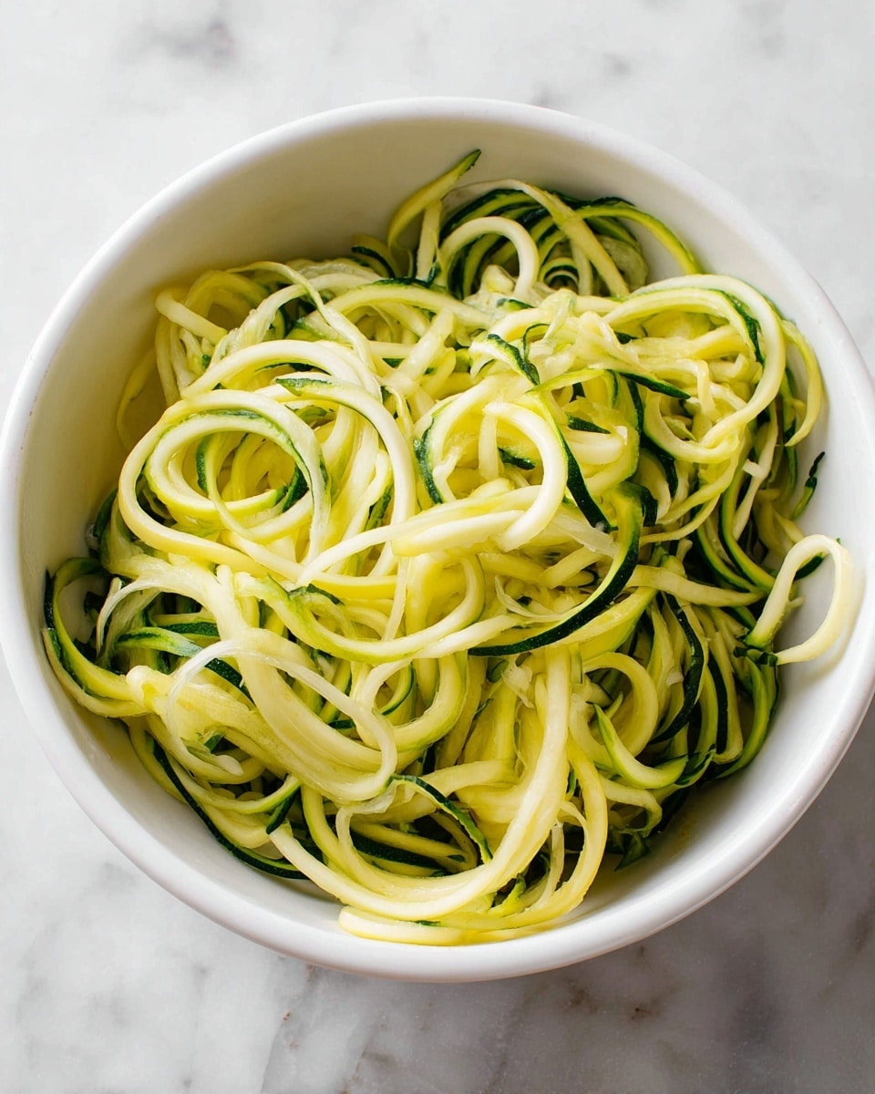 A white bowl filled with long, spiral-shaped green and pale yellow zucchini noodles. The noodles are thin and curly, showing the contrast between the dark green skin edges and the light greenish-yellow flesh inside. The bowl sits on a white marbled surface, and the zucchini noodles look fresh and moist, layered loosely without any other toppings or sauces visible photo taken with an iphone --ar 4:5 --v 7