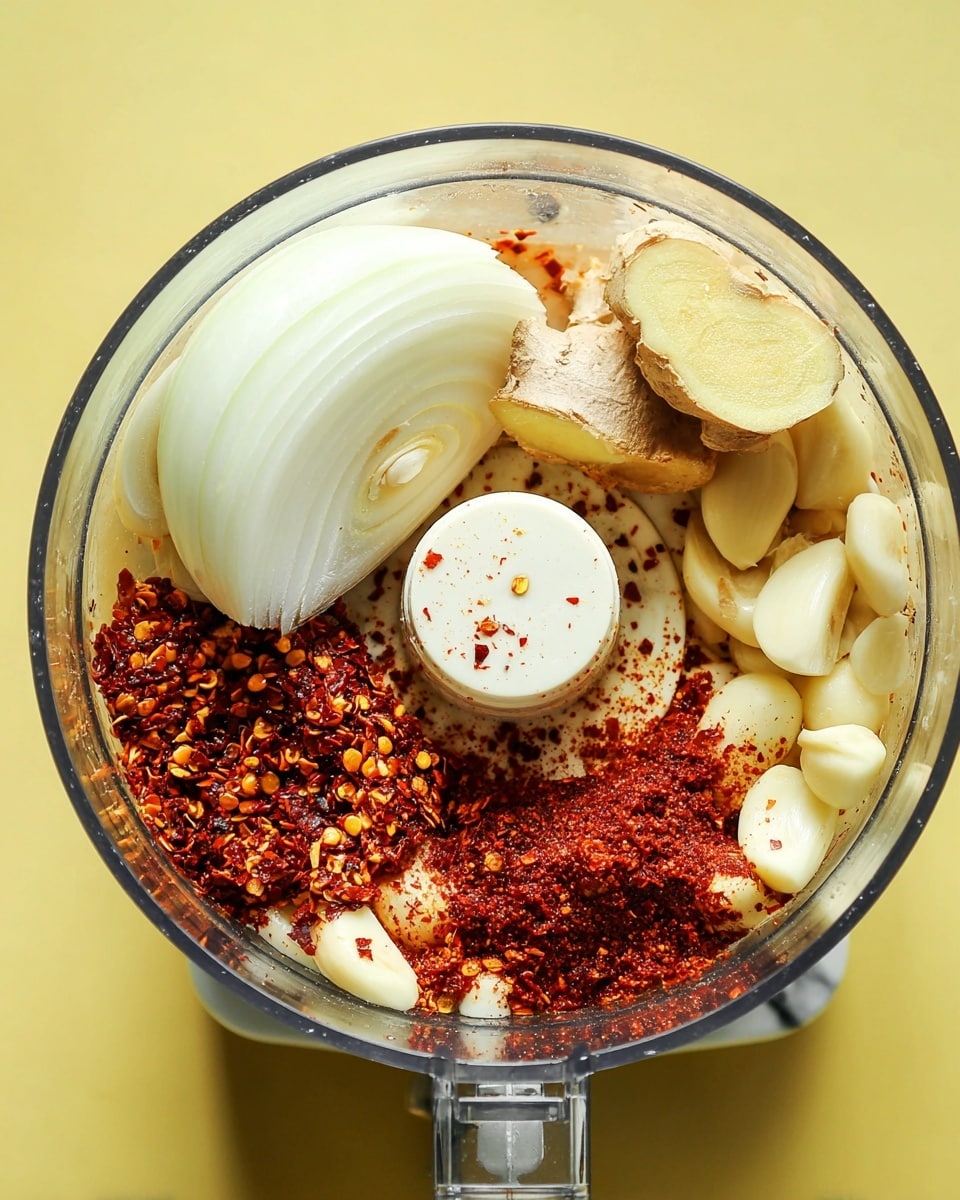 A clear food processor bowl sits on a white marbled surface, filled with layers of ingredients: a large half of white onion with smooth curved layers is positioned on the left, next to several thick chunks of light beige ginger on the top right. The bottom section is filled with peeled garlic cloves, creamy white and slightly shiny, scattered beneath a large pile of coarse red chili flakes, rich in deep red and orange tones with visible yellow seeds. The food processor blade is visible in the center, white with some red chili flakes on it. The background is bright yellow. Photo taken with an iphone --ar 4:5 --v 7