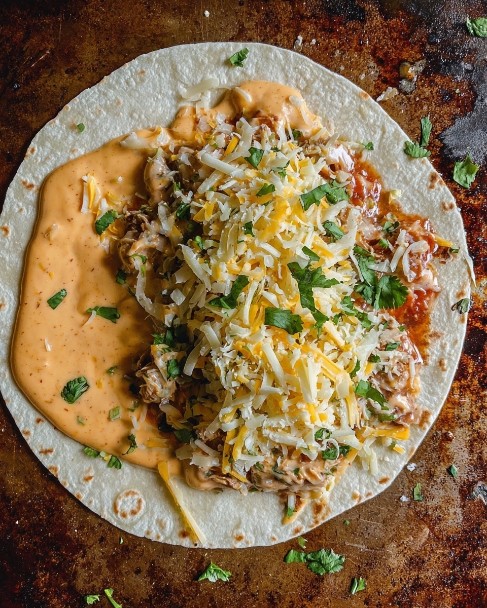 A soft white flour tortilla placed flat on a rusty brown oven tray, topped with a light orange creamy sauce spread on one side showing a slightly chunky texture with green herbs, followed by a thick layer of refried beans mixed with small bits of tomato and onion, sprinkled generously with shredded pale yellow cheese and small pieces of fresh green cilantro on top. photo taken with an iphone --ar 4:5 --v 7