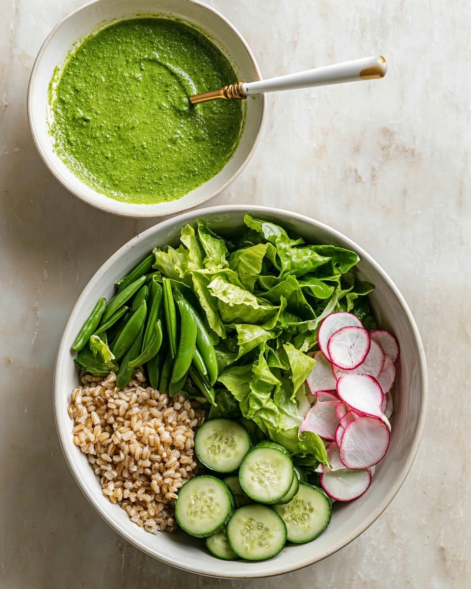 A white bowl filled with fresh green lettuce leaves at the base, topped with four separate piles: light brown cooked grains on the left, bright green sugar snap peas sliced diagonally on the top right, round pale green cucumber slices at the bottom right, and thin round slices of white radish with red edges on the far right; above it, a smaller white bowl holds a thick, bright green creamy sauce with a white and gold spoon inside, all placed on a white marbled surface. photo taken with an iphone --ar 4:5 --v 7