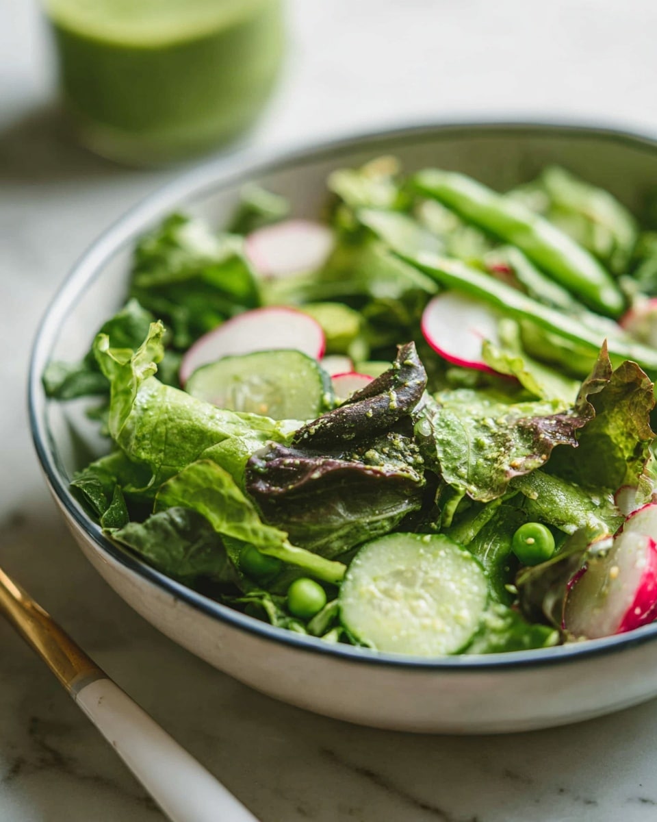 A close-up view of a fresh salad in a white bowl with a thin blue rim, resting on a white marbled surface. The salad has a mix of dark and light green leafy lettuce, with thin slices of cucumber showing light green skin and seed patterns, and round slices of radish with white centers and red edges. Small green peas or similar small green vegetables are scattered throughout. A white and gold fork is partially visible at the bottom edge of the bowl. A blurred green drink or smoothie is in the background. The colors are bright and fresh, highlighting the textures of the leafy greens and sliced vegetables. photo taken with an iphone --ar 4:5 --v 7