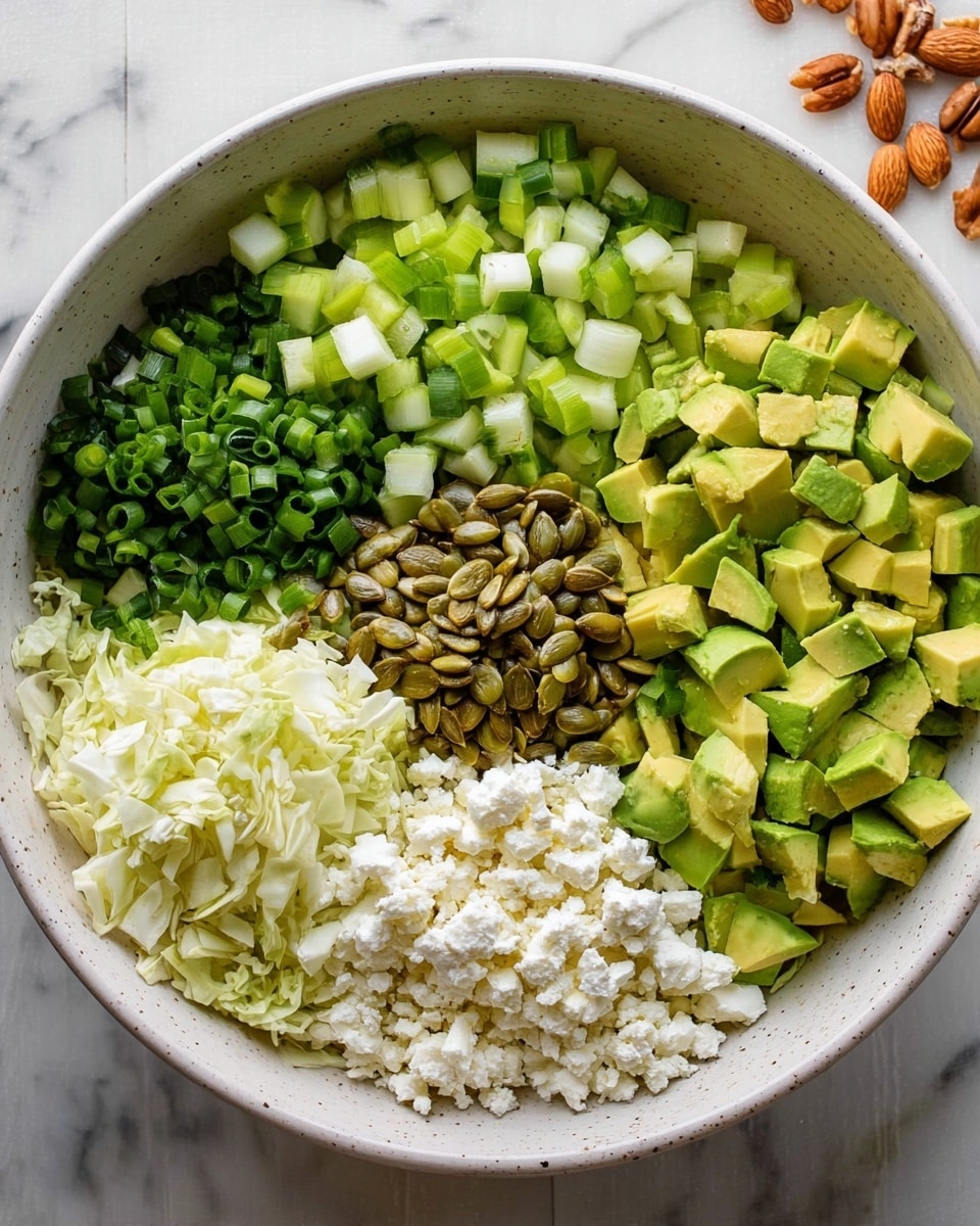 A large white bowl is filled with six distinct layers of ingredients arranged in sections. Starting at the bottom left is pale, chopped cabbage with a slightly rough texture. Above it is a pile of dark green chopped green onions, their tubular shapes visible. In the middle top left is chopped cucumber, a mix of bright and dark green with a smooth surface. To the right of the cucumber is diced avocado, showing creamy green cubes with some darker skin edges. Below the avocado is a heap of crumbly white cheese. Centered among the layers is a small pile of roasted pumpkin seeds, oval, lightly browned, and shiny. The bowl sits on a white marbled surface with a few scattered nuts visible at the top right corner of the image. Photo taken with an iphone --ar 4:5 --v 7