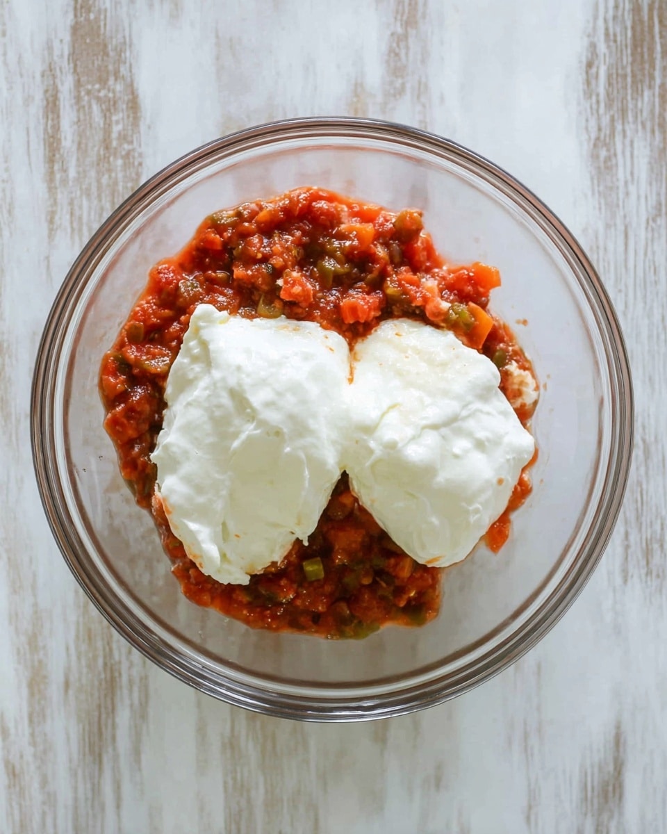 A clear glass bowl sits on a white marbled surface, filled with two main layers. The bottom layer is a chunky red salsa with visible pieces of green and orange vegetables, giving it a mixed, textured look. On top, two large dollops of smooth, white cream cheese rest side by side, creating a strong contrast against the vibrant red salsa underneath. The cream cheese has a soft, creamy texture and is unevenly shaped with slight peaks. Photo taken with an iphone --ar 4:5 --v 7