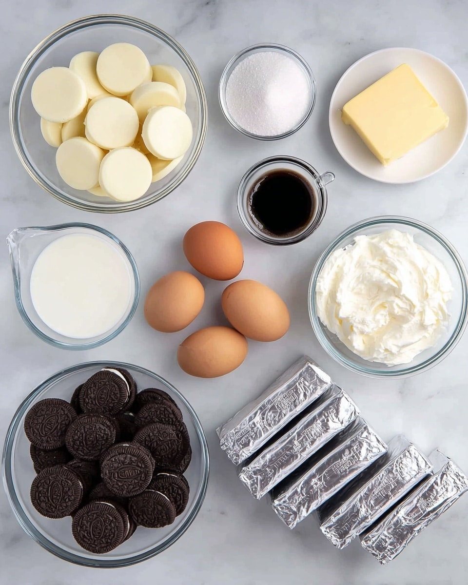 A white marbled surface holds several ingredients carefully arranged: a glass bowl filled with smooth white chocolate discs at the top left, next to a glass bowl of fine white granulated sugar; a small white plate with a rectangular piece of yellow butter at the top right; a clear glass measuring cup with cream to the left; a small glass bowl with dark vanilla extract sits in the center; four brown eggs are grouped together in the middle; a glass bowl with fluffy white cream is near the top right; four foil-covered cream cheese blocks line the bottom left; and a glass bowl full of whole dark chocolate sandwich cookies is on the bottom right. photo taken with an iphone --ar 4:5 --v 7