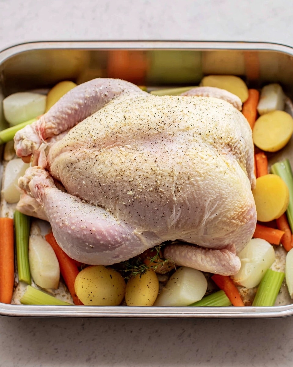 A whole raw chicken is placed in the center of a metal roasting pan, covered evenly with a light sprinkle of black pepper and salt. Under the chicken, there is a bed of chopped vegetables including orange carrots, light green celery sticks, sliced white onion, and halved yellow potatoes, all lightly seasoned with black pepper. The chicken skin is pale with a slight texture and some visible bumpy spots. The pan sits on a white marbled surface, and no woman's hand is visible in the image. Photo taken with an iphone --ar 4:5 --v 7