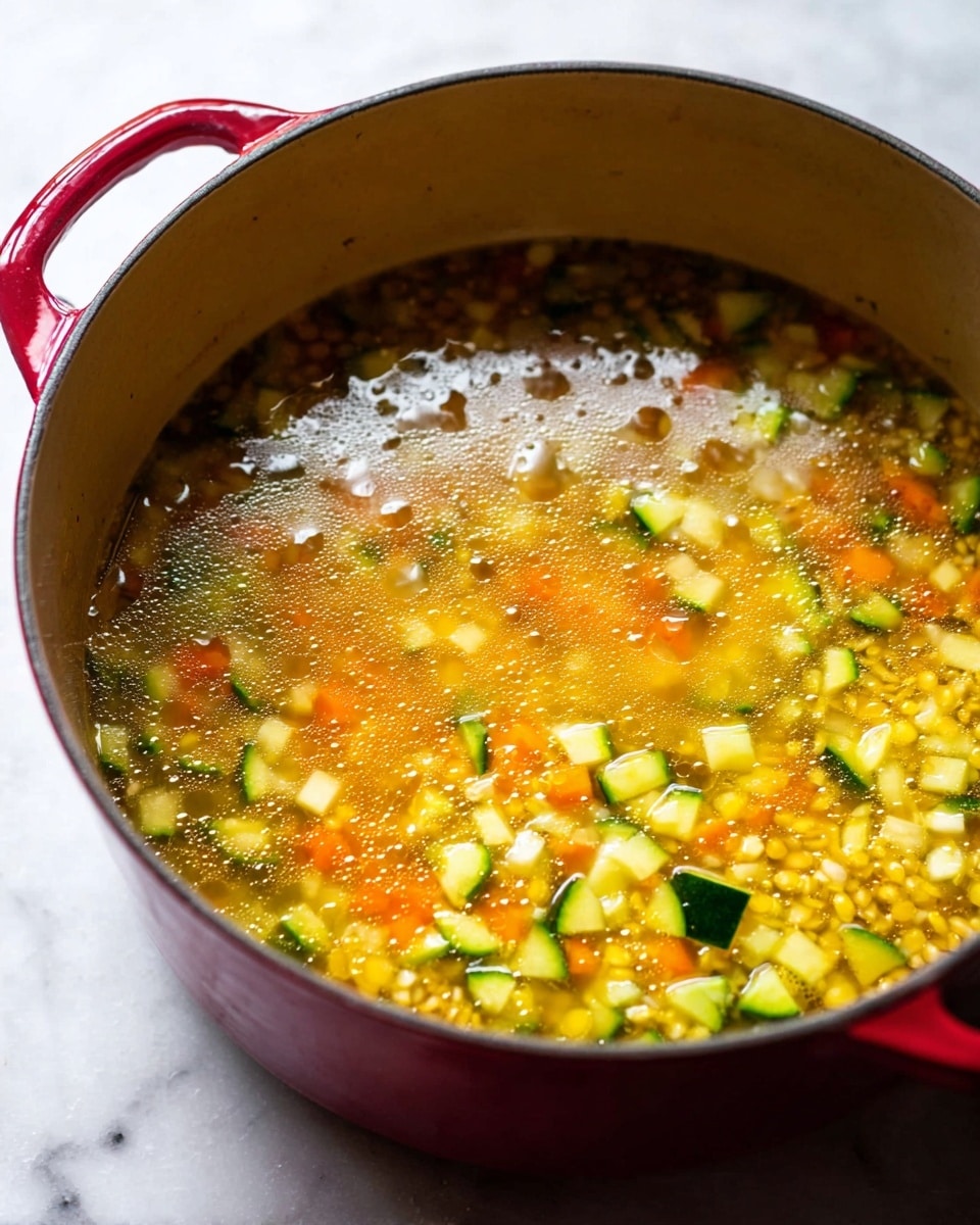 The image shows a red pot filled with a chunky soup. Inside the pot, there are three visible layers: the top layer is a shiny golden broth, with small bubbles and a slightly oily surface. The middle layer has tiny diced pieces of green zucchini and orange carrot, scattered evenly. The bottom layer contains small grains or lentils, adding a textured yellow and light brown mix underneath the vegetables. The pot rests on a white marbled surface. photo taken with an iphone --ar 4:5 --v 7