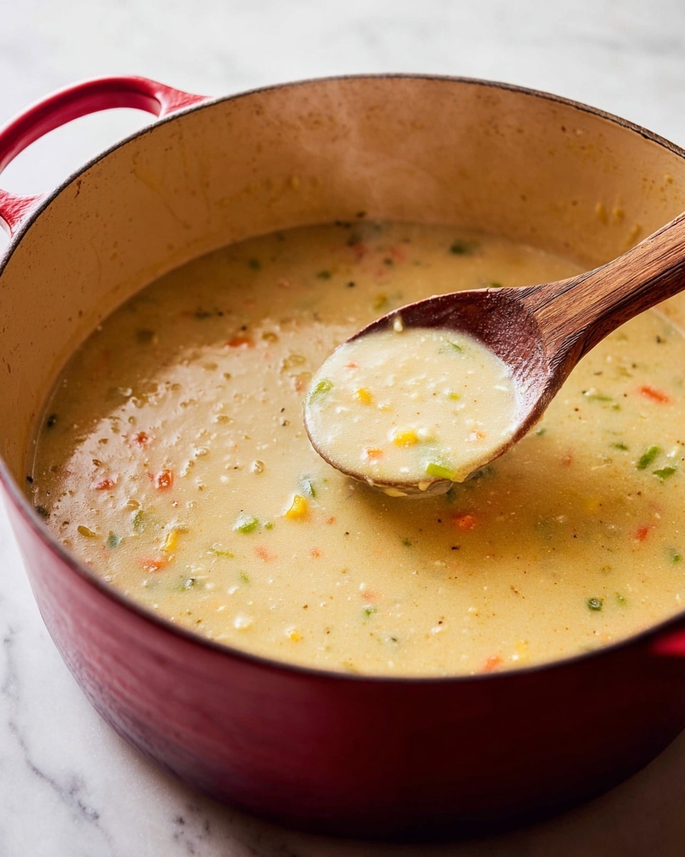 A large red pot with a beige inside holds a thick, creamy soup with small pieces of green, orange, and yellow vegetables visible throughout. A wooden spoon resting inside the pot lifts a scoop of the soup, showing its smooth texture with a few chunky bits. Steam rises from the hot soup, and the pot sits on a surface with a white marbled texture. photo taken with an iphone --ar 4:5 --v 7
