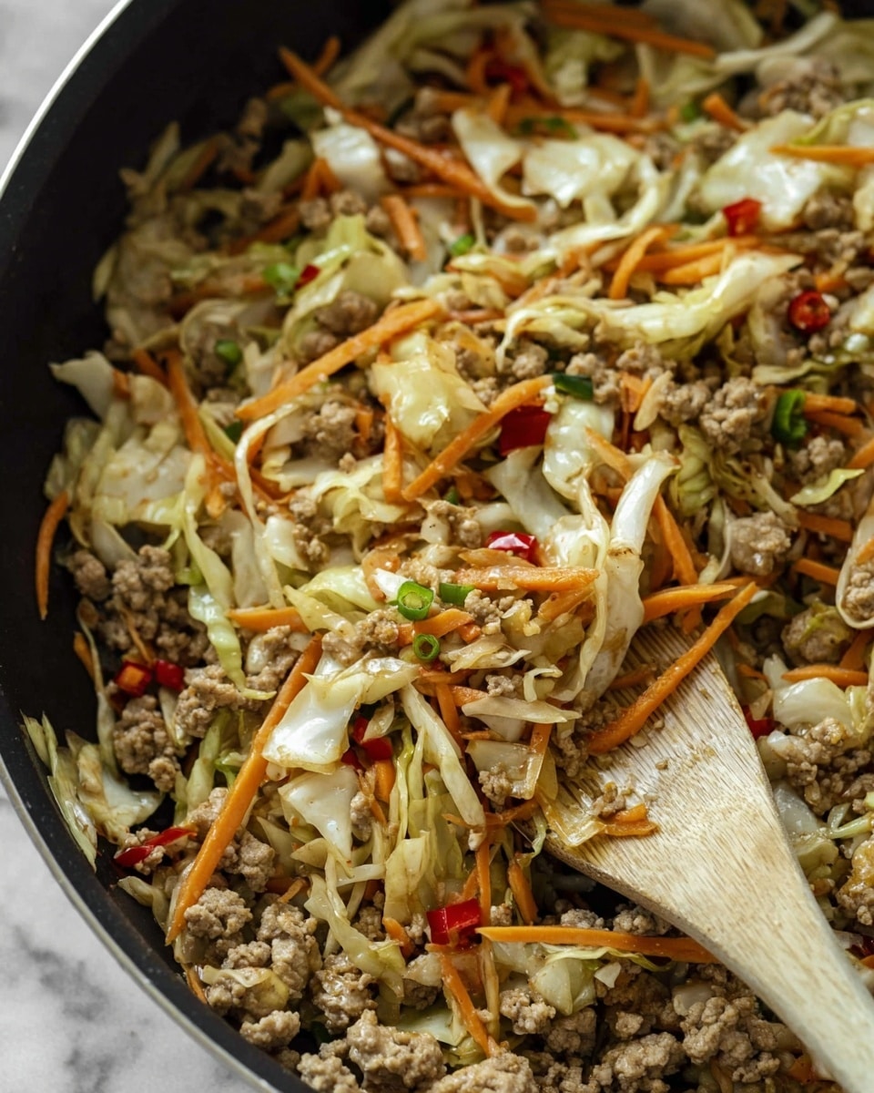 The image shows a close-up of a cooked stir-fry mix inside a pan. The dish has three main layers: at the bottom, there is a base of cooked ground meat that is light brown and crumbly; mixed in and on top are thin orange carrot strips, white cabbage pieces with some light green edges, and small bits of red and green chili slices scattered evenly for color contrast. A wooden spatula is partly submerged in the mixture, showing a mix of all the ingredients on its tip. The background surface is a white marbled texture. photo taken with an iphone --ar 4:5 --v 7