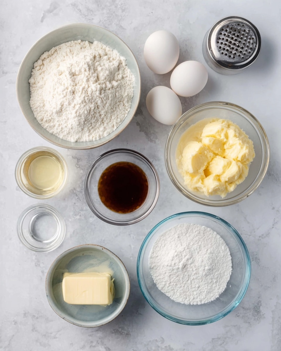The image shows several small white bowls and transparent glass bowls arranged on a white marbled surface. There are two white eggs placed together near the top right. One white bowl contains light yellow softened butter, another has a pale yellow mashed ingredient, while a glass bowl holds white flour with some texture on top. A small clear bowl contains a dark brown liquid, and another small glass bowl holds a clear liquid. A grey bowl contains white powder, and a smaller bowl has a white creamy liquid. There's also a round white shaker and a round metallic perforated spice container near the top. All items are neatly spaced, showcasing raw baking ingredients. Photo taken with an iphone --ar 4:5 --v 7