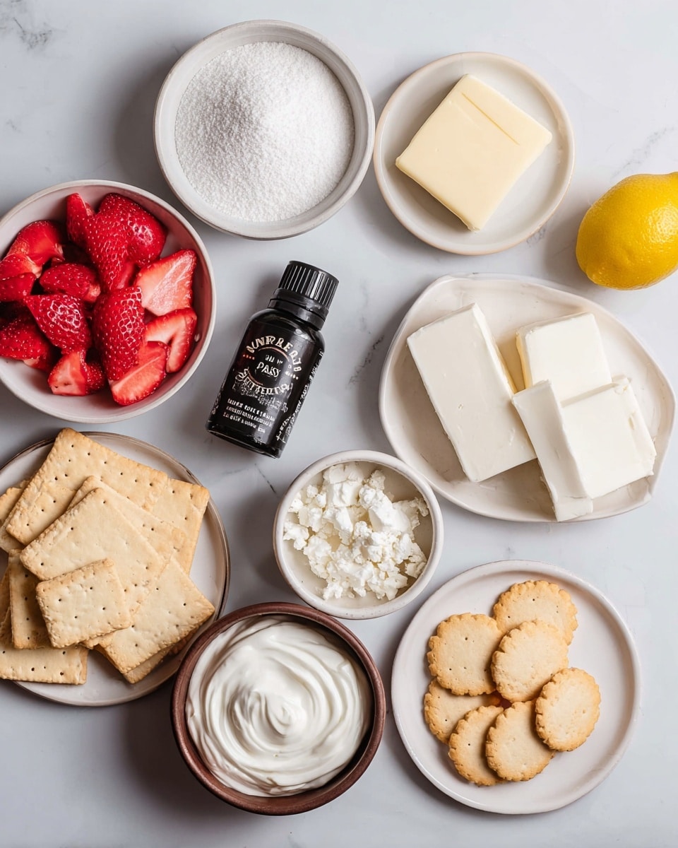 The image shows an arrangement of ingredients on a white marbled surface. At the center is a small black bottle labeled