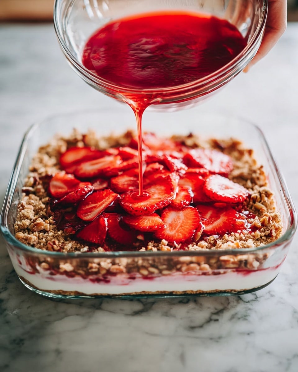 The image shows a clear glass dish with two layers of food. The bottom layer is golden brown and crumbly, with small nut pieces scattered evenly, giving it a rough texture. On top, a woman's hand, holding a clear bowl filled with bright red liquid and thin slices of strawberries, is pouring the red liquid down onto the crumbly layer. The strawberries float within the red liquid, adding a fresh and juicy look. The dish sits on a white marbled surface. Photo taken with an iphone --ar 4:5 --v 7