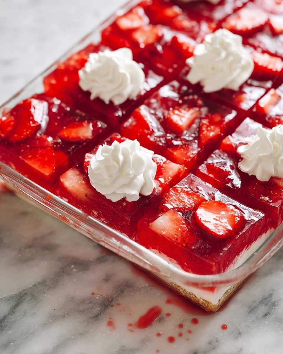 The image shows a clear glass rectangular dish filled with a layered strawberry dessert. The bottom layer is a soft, light-colored base barely visible at the sides. On top of that is a thick, bright red strawberry jelly layer studded with sliced strawberries, their seeds and bright red color clearly visible. The dessert is cut into square pieces, and each square is topped with a swirl of white whipped cream. The dish is placed on a white marbled surface, and the edges of the glass dish show some small splashes of the red jelly. photo taken with an iphone --ar 4:5 --v 7