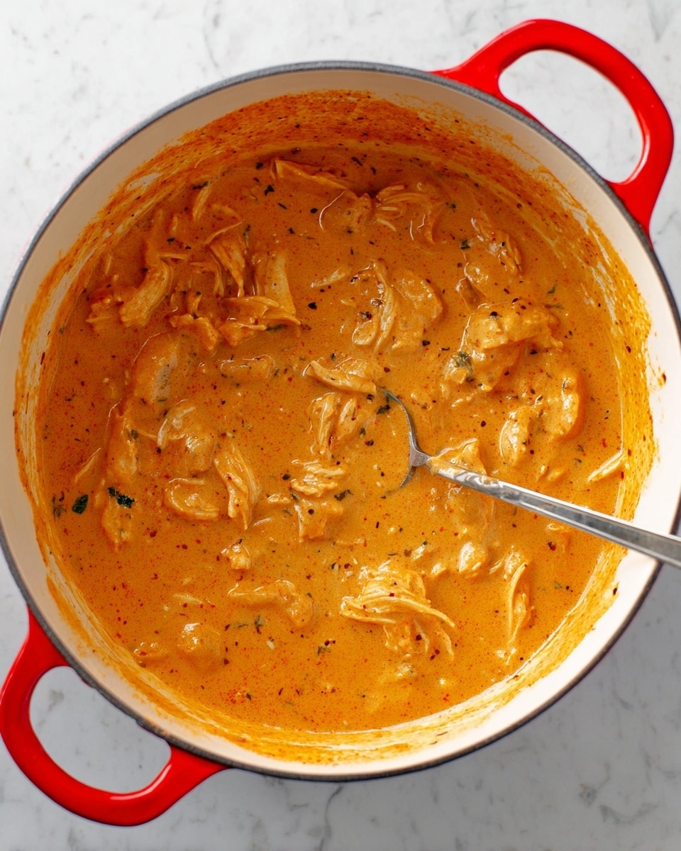 A large white pot with red handles holds a creamy orange sauce with visible chunks and thin strips of meat mixed inside. The sauce has a smooth, thick texture with specks of pepper and herbs throughout. A metal fork rests inside the pot, partially covered by the sauce. The pot sits on a white marbled surface, and the sauce coats the sides of the pot slightly above its main body. Photo taken with an iphone --ar 4:5 --v 7