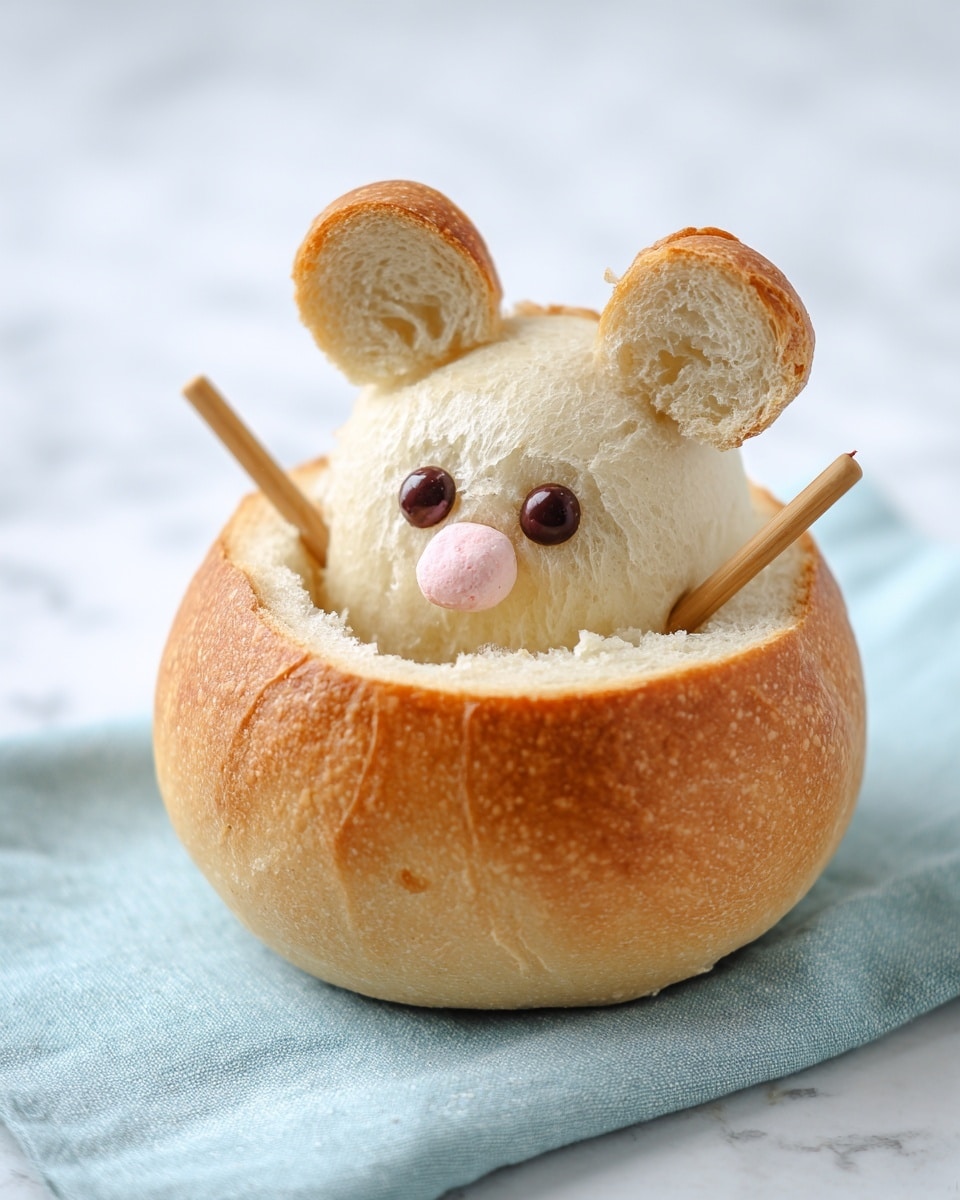 The image shows a round bread bowl with the inside hollowed out, placed on a light blue cloth over a white marbled surface. On top of the bowl, there is a smaller round bread piece acting like a head, decorated with two bread slices sticking up like ears. The head has two dark chocolate pieces for eyes and a small round light pink candy for a nose. Two small wooden sticks cross inside the hollow part of the bread bowl. The background is plain white. photo taken with an iphone --ar 4:5 --v 7