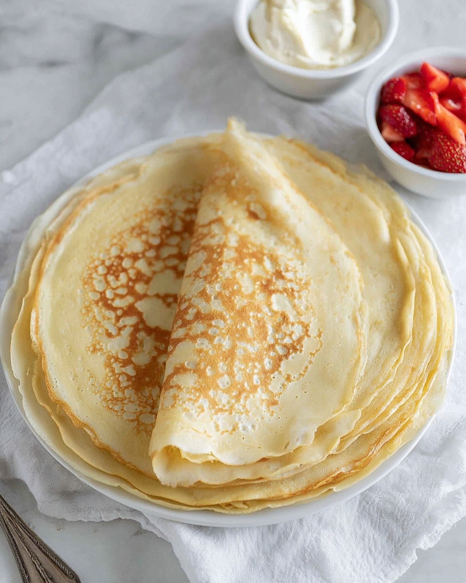 A stack of thin, light golden crepes is placed on a white plate, with one crepe folded over to show its smooth, slightly bubbly texture on the inside and a pattern of golden brown spots on top. The edges of the crepes are soft and slightly curled. Next to the plate, there are two small white bowls, one filled with bright red chopped strawberries and the other with a creamy white spread. All items are set on a white marbled surface with a white cloth under the plate and a silver fork nearby. photo taken with an iphone --ar 4:5 --v 7