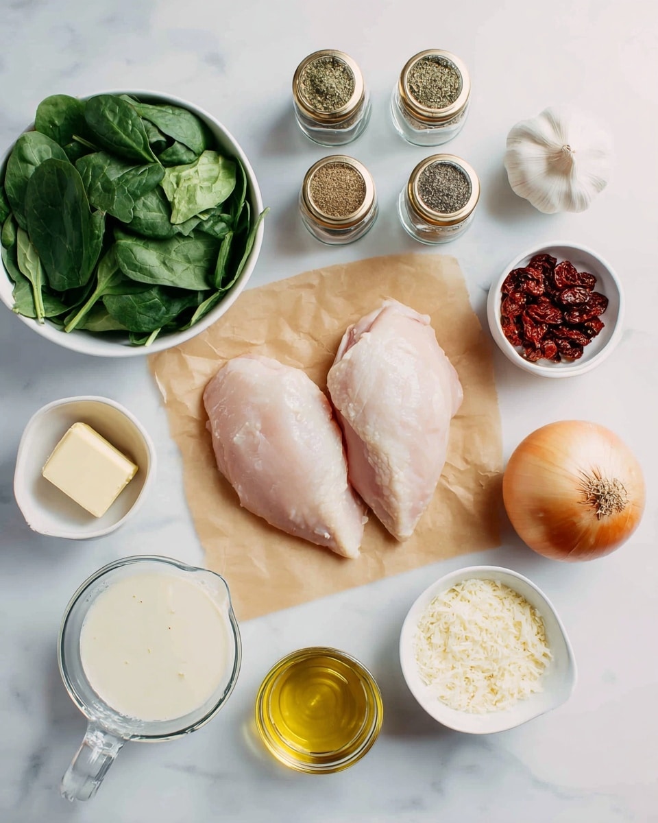 Two raw chicken pieces lay on a piece of brown paper in the center of a white marbled surface. Around them, various ingredients are arranged neatly: a white bowl filled with fresh green spinach leaves at the top left, three glass jars with golden lids containing Italian seasoning, salt, and black pepper above the chicken, a whole white garlic bulb to the right of the jars, a white bowl with dark red sun-dried tomatoes in the upper right corner, and a white bowl of grated cheese below that. On the bottom right sits a whole light brown onion next to a small white bowl of golden yellow oil. Below the chicken is a small white dish with a square of butter, a glass measuring cup with a creamy white liquid, and another glass measuring cup with a pale yellow broth-like liquid to the left. The whole setup is on a smooth white marbled surface, creating a clean and fresh look. photo taken with an iphone --ar 4:5 --v 7