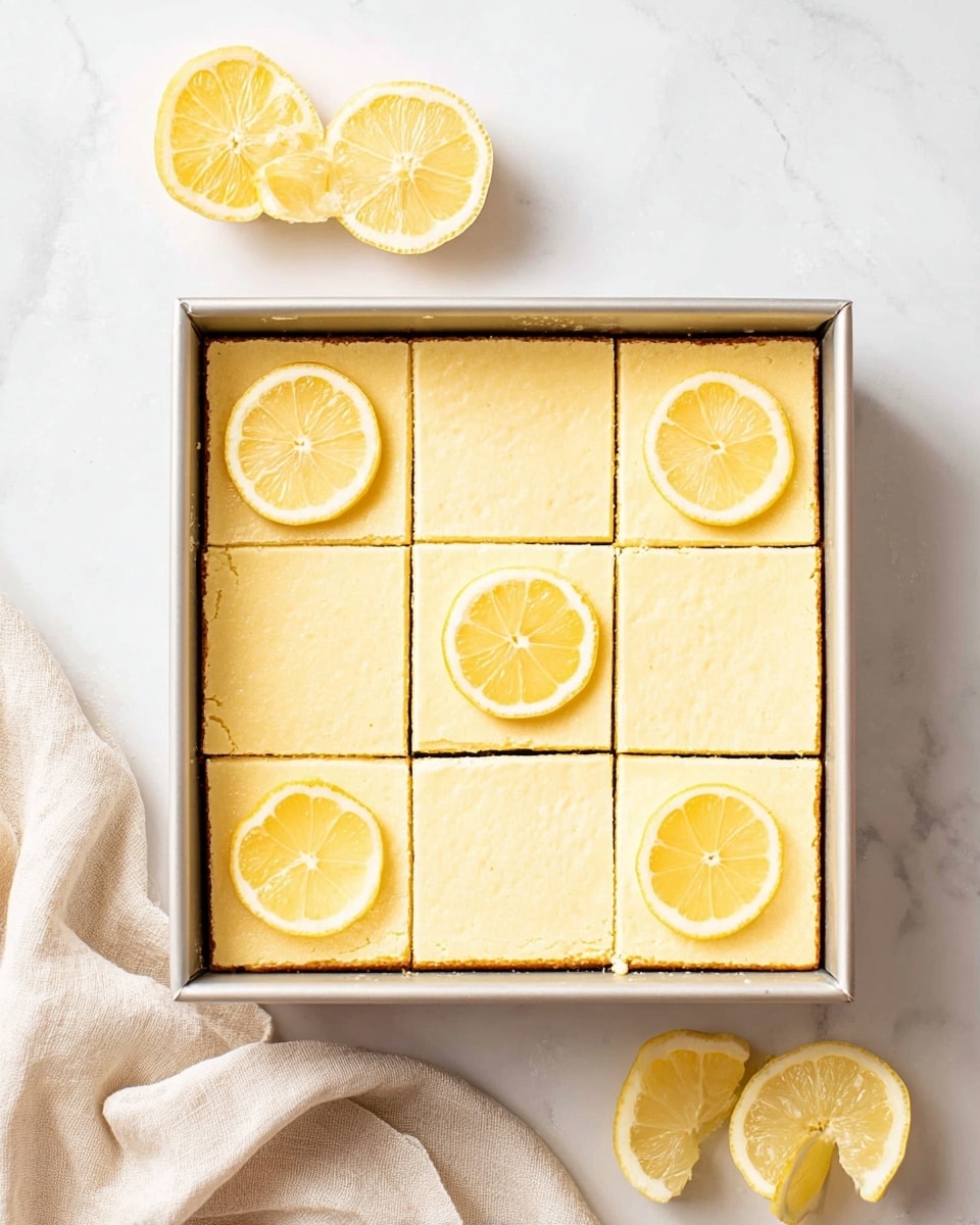 A square pan holds nine evenly cut lemon bars arranged in a 3x3 grid, each bar showing a smooth, pale yellow top layer with a light texture. Three of the bars are decorated with thin, round lemon slices placed on the top surface in the top left, center, and bottom right sections. The lemon bars have a subtle edge crust visible on the sides. Above the pan, two lemon halves with bright yellow flesh are placed on a white marbled surface. A soft, light beige cloth is casually placed on the left side next to the pan. Photo taken with an iphone --ar 4:5 --v 7