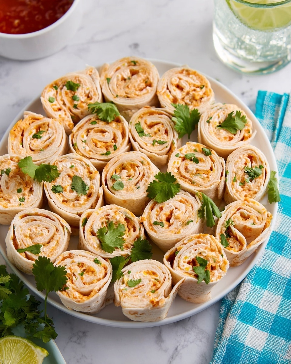 The image shows several pinwheel wraps placed on a white plate with small dotted edges, arranged closely in a circular shape. Each wrap is light beige with soft, creamy filling visible in two or three spiraled layers, containing hints of orange, yellow, and green, likely from mixed vegetables or cheese. Fresh green cilantro leaves are scattered over the wraps and the plate, adding bright green contrast. At the top of the plate, there is a small white bowl filled with chunky red salsa, dotted with pieces of tomato and green cilantro, creating a fresh and colorful look. The background surface features a white marbled texture. Photo taken with an iphone --ar 4:5 --v 7