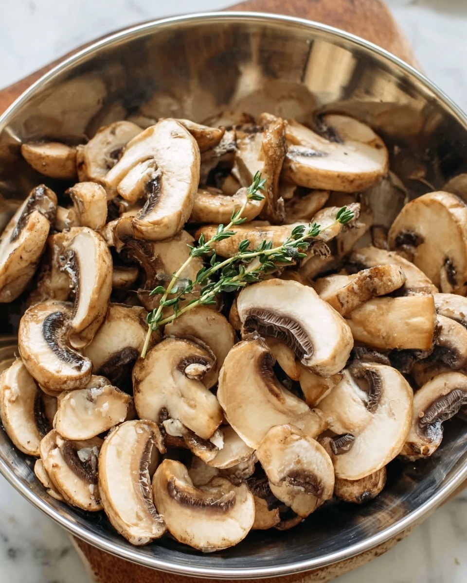 A close-up view of a silver bowl filled with many light brown mushroom slices showing their dark gills. The mushrooms have a soft, slightly shiny texture and are resting unevenly inside the bowl. On top of the mushrooms, there is a small sprig of fresh green thyme with delicate leaves. The bowl is set on a white marbled surface. photo taken with an iphone --ar 4:5 --v 7