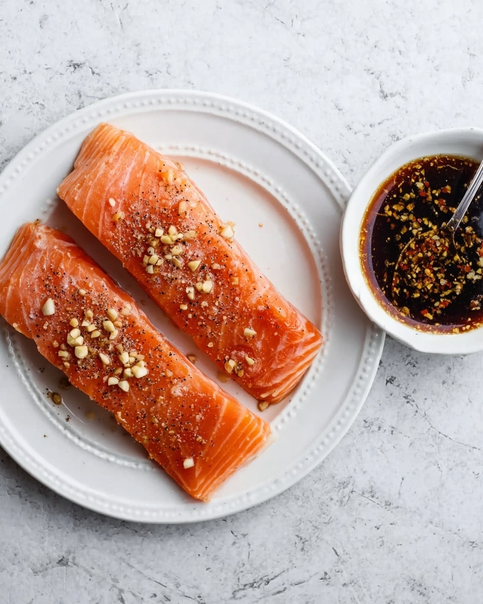 Two raw pink-orange salmon fillets are placed side by side on a white plate with a slightly raised dotted edge. The fillets are topped with small chopped pieces of garlic and sprinkled with black pepper. To the right of the plate, there is a small white bowl filled with a dark soy glaze that contains visible bits of minced garlic and other seasonings, with a silver spoon resting inside. The scene is set on a white marbled surface. photo taken with an iphone --ar 4:5 --v 7