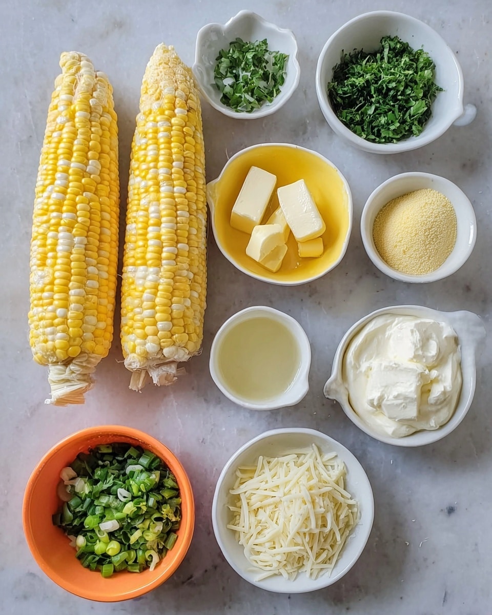 Two whole yellow and white corn cobs lie side by side in the center on a white marbled surface. Above the corn, there are five small white bowls and one yellow bowl arranged neatly. Starting from the top left, a white bowl holds chopped fresh green herbs, next to it on the right is a yellow bowl with a dollop of white creamy sauce. To the right of that is a white bowl filled with a small amount of yellow powder. Below the yellow powder bowl, a white bowl contains a thick white creamy substance, and beside it is another white bowl with small rectangles of pale yellow butter. At the bottom left, a small white cup holds a pale yellow liquid. To the left of the corn, an orange divided bowl contains finely chopped green chilies on one side and minced white garlic on the other. Below the butter bowl, a white bowl is filled with shredded white cheese. All items are arranged cleanly on the white marbled surface with a clear view of each ingredient. Photo taken with an iphone --ar 4:5 --v 7