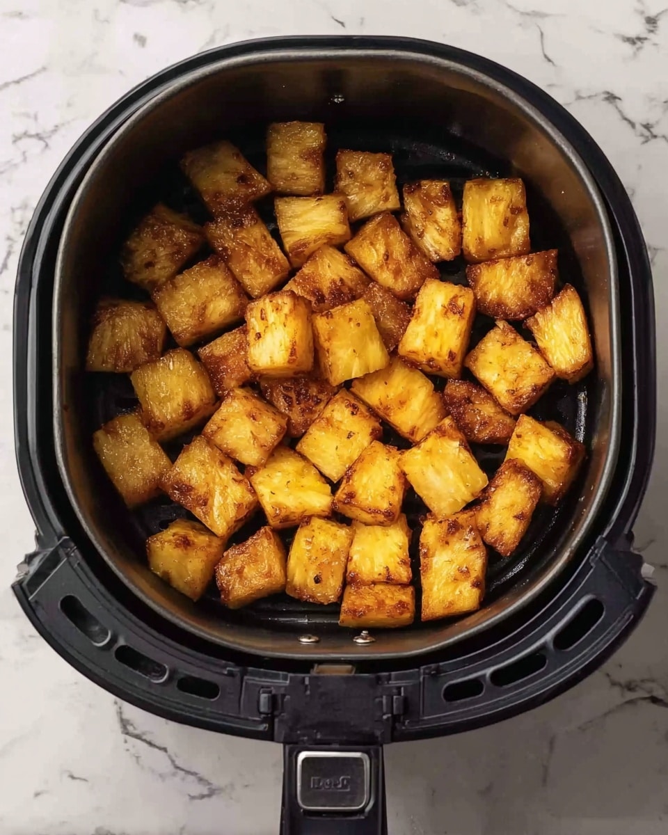 The image shows a black air fryer basket filled with golden-brown roasted pineapple pieces. The pineapple chunks vary in size but are generally uniform, with a caramelized surface that looks slightly crispy and textured. The basket is centered on a white marbled surface with subtle gray veining, and the black handle of the air fryer is visible at the bottom of the image. The roasted pineapple pieces have a rich yellow color with browned edges that add depth and warmth to the look. photo taken with an iphone --ar 4:5 --v 7