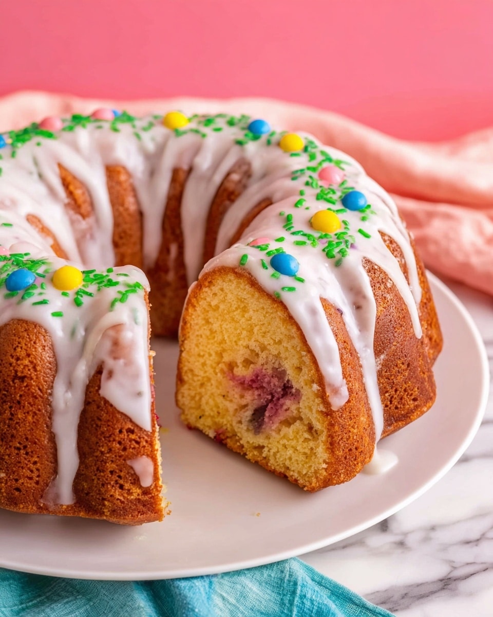 A round bundt cake with a thick white glaze dripping down its golden brown surface is placed on a white plate over a white marbled texture. One slice is removed, showing a soft yellow cake inside with colorful spots of pink, purple, and yellow in the center. Bright green sprinkles and small round sprinkles in blue, yellow, pink, and purple decorate the top of the glaze in a pattern near the middle hole of the cake. The background includes bright pastel pink and a hint of soft fabric. Photo taken with an iphone --ar 4:5 --v 7