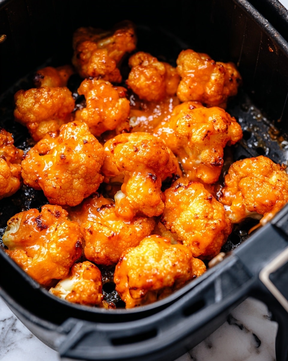 This image shows several pieces of fried cauliflower in one layer inside a black air fryer basket. Each cauliflower piece has a textured, golden brown crispy coating, and they are all covered with a shiny, bright orange sauce unevenly spread on top. The black basket has visible small holes and a complementary handle detail. The background is replaced with a white marbled texture. photo taken with an iphone --ar 4:5 --v 7