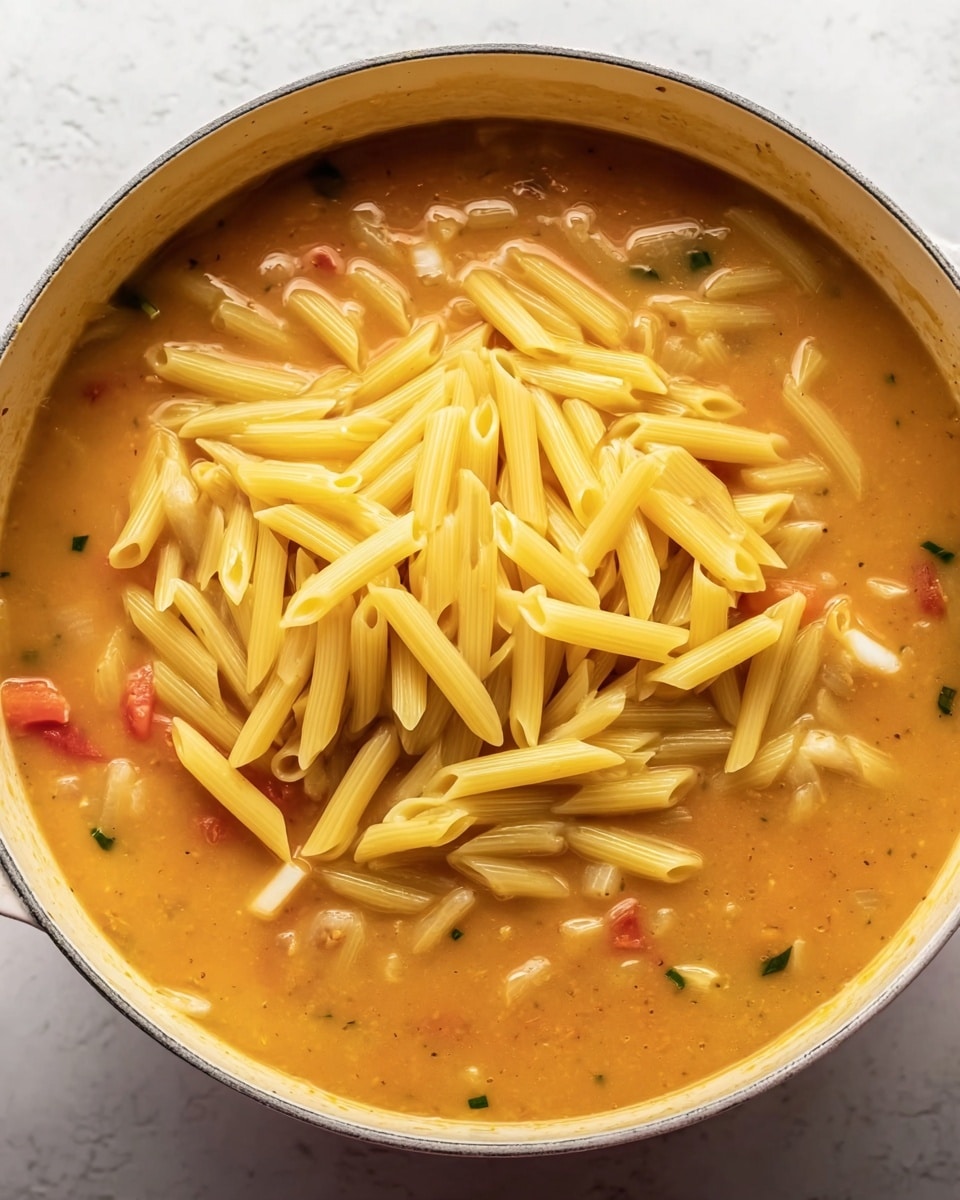 The image shows a pot filled with a light brownish-orange soup as the base layer, with small pieces of white and red vegetables floating inside. On top of the soup, there is a large pile of uncooked yellow penne pasta clustered in the middle. The pot has a white marbled surface visible around the edges. The soup looks smooth with some chunky bits, and the uncooked pasta adds a firm, dry texture contrast in the center photo taken with an iphone --ar 4:5 --v 7
