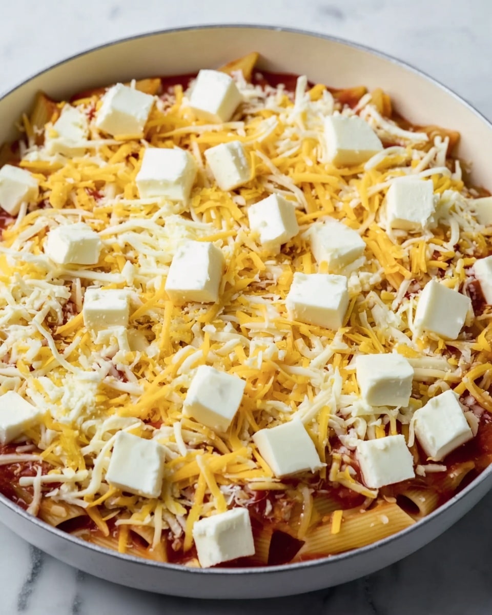 A close-up view of a white round pan filled with multiple layers of food. The bottom layer is a red sauce with a thick texture. On top, there are scattered small pieces of penne pasta barely visible under layers of cheese. The main cheese layers are a mix of shredded yellow cheddar and white mozzarella, evenly spread over the dish. There are also cubes of white cheese placed unevenly across the top, adding texture contrast. The dish is placed on a white marbled surface. Photo taken with an iphone --ar 4:5 --v 7