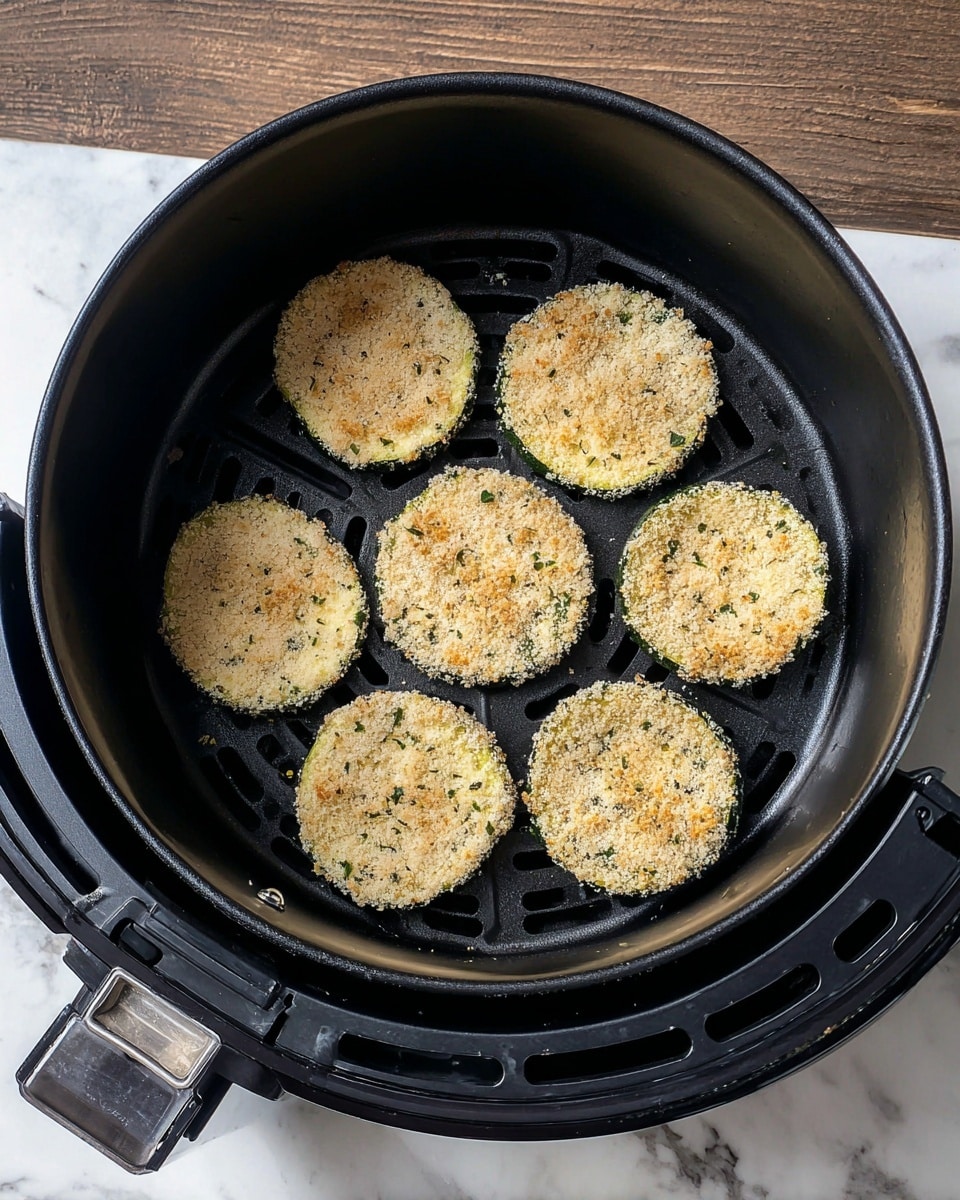 Inside a black air fryer basket with small holes at the bottom, there are eight round slices of zucchini arranged neatly in a loose circle. Each zucchini slice is covered in a light, sandy-colored breadcrumb mixture that has small green specks, suggesting herbs mixed in. The zucchini pieces vary slightly in size but are overall uniform in thickness, and the coating gives them a rough, grainy texture. The black basket with its vents and circular design contrasts with the light coating on the zucchini slices. The air fryer is open, showing part of its black base and a metallic clip inside. The setup rests on a surface with a white marbled texture. photo taken with an iphone --ar 4:5 --v 7