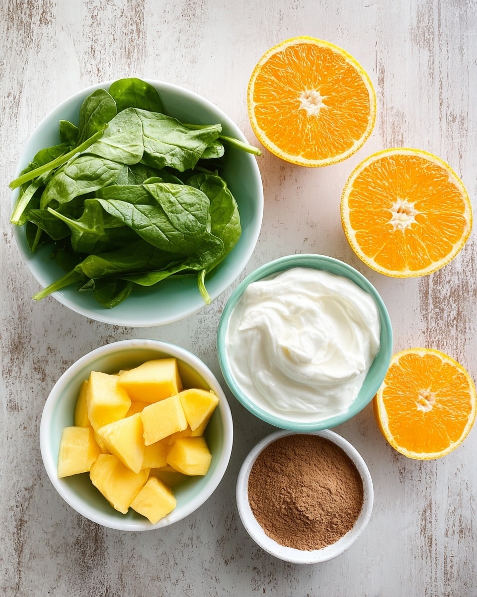 The image shows an overhead view of five ingredients arranged on a white marbled surface. There are four orange halves placed on the right side, showing bright orange flesh and white pith. On the top left, there is a white bowl filled with fresh, green spinach leaves with smooth textures and clear veins. Below it, a smaller white bowl holds yellow frozen mango chunks with a slightly frosted look. At the bottom center, a white bowl contains a thick, white, creamy yogurt-like substance with soft peaks and smooth texture. Lastly, a small white bowl on the bottom right holds a fine brown powder. The arrangement is neat and well spaced. Photo taken with an iphone --ar 4:5 --v 7