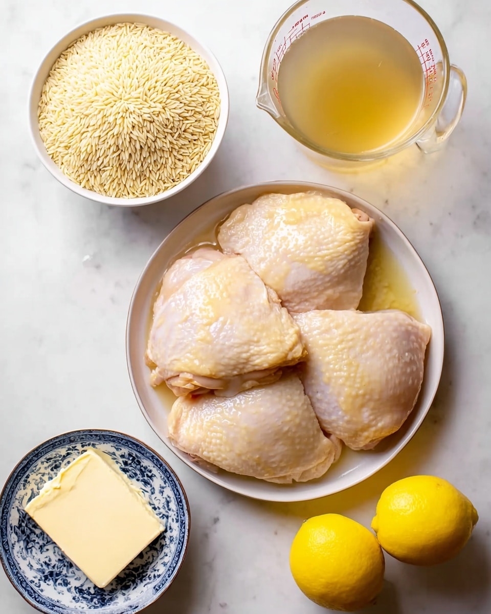 The image shows four raw chicken thighs with pale yellow skin, lightly coated with oil, placed in a round white plate at the center. Above the plate, a small white bowl filled with uncooked orzo pasta, which is light yellow and shaped like small grains of rice, sits to the left. To the right, a clear glass measuring cup is filled with light golden broth. Below that, a small white bowl with blue floral patterns contains two thick pale yellow butter pieces. At the bottom right corner, two bright yellow lemons rest on a white marbled surface. Photo taken with an iphone --ar 4:5 --v 7