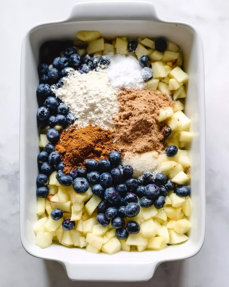 A white rectangular baking dish filled with two layers of fruit and spices: the bottom layer is made of small, light yellow chopped apple pieces, and the top layer consists of deep blue blueberries scattered evenly. On top of the fruit, there are several piles of dry ingredients including a heap of white flour, a small pile of brown sugar, a small heap of light brown cinnamon powder, and white granulated sugar. The dish is placed on a white marbled surface. photo taken with an iphone --ar 4:5 --v 7