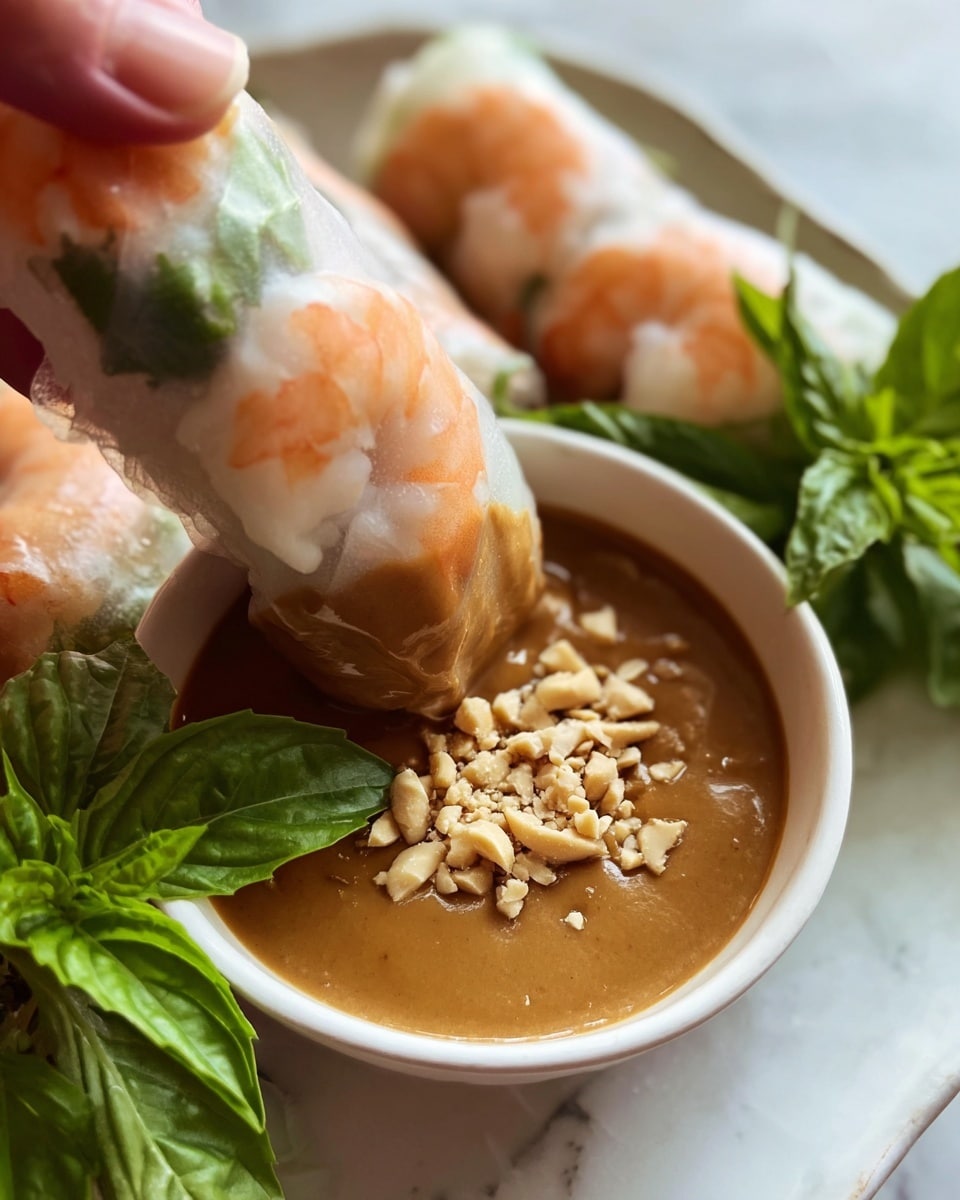 A close-up view of two translucent spring rolls being dipped into a small white bowl filled with light brown peanut sauce topped with crushed peanuts. The spring rolls have layers showing orange shrimp pieces next to pale, almost clear rice paper wrapping, with some green herbs visible inside. Fresh green basil leaves surround the bowl and spring rolls, all placed on a surface with a white marbled texture. A woman's hand delicately holds one spring roll just above the peanut sauce, ready to dip. photo taken with an iphone --ar 4:5 --v 7