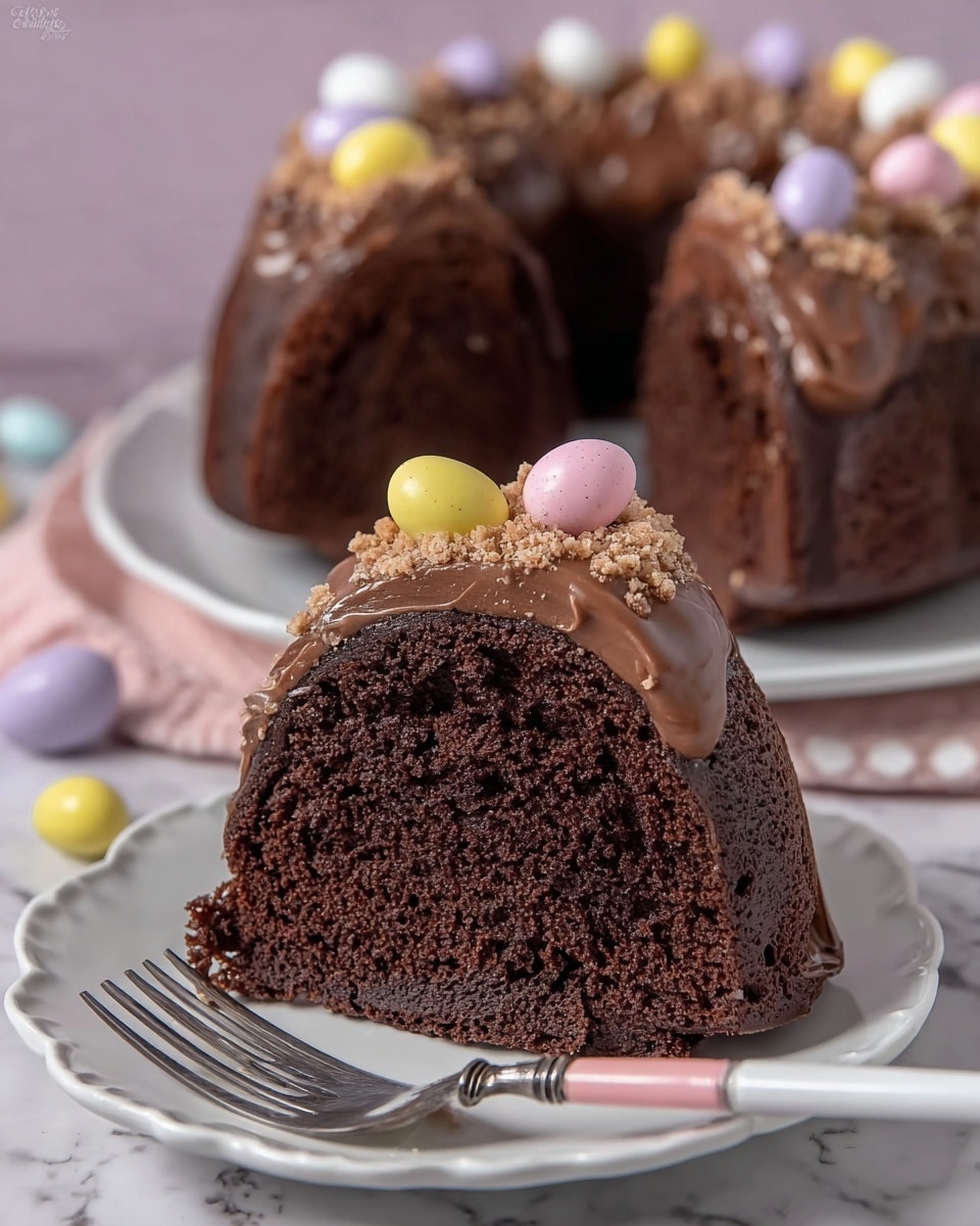 A thick slice of dark brown chocolate cake sits on a white scalloped plate with a silver fork that has a white and pink handle resting on the side. The cake slice shows one dense and moist layer with a swirl of smooth, shiny milk chocolate frosting on top. The frosting is sprinkled with light brown crumbled bits and decorated with four pastel-colored mini egg candies in white, purple, pink, and yellow. In the background, the whole chocolate bundt cake with similar frosting and candy decorations is visible, placed on a white plate. The setup is on a white marbled surface with soft, light colors around. photo taken with an iphone --ar 4:5 --v 7