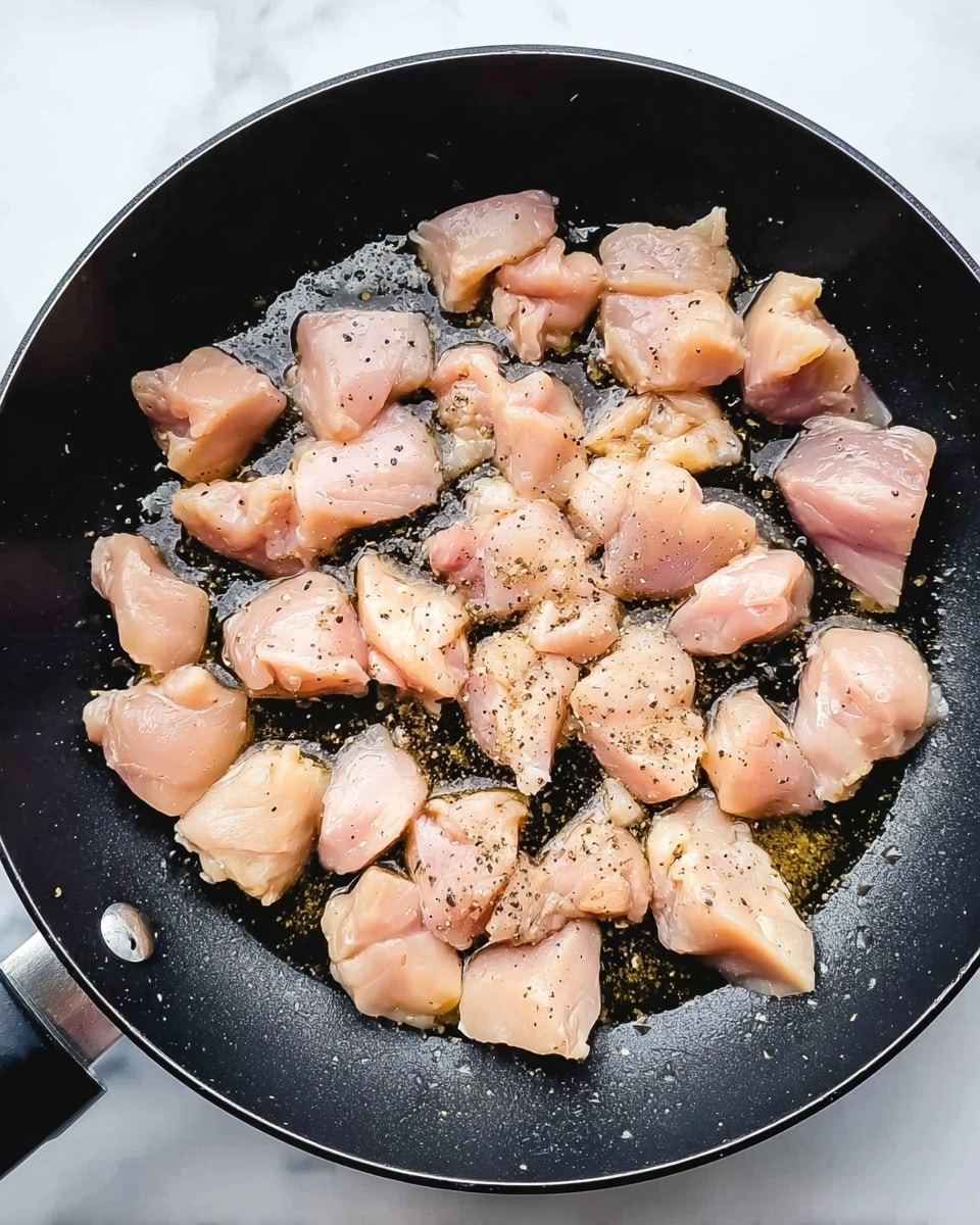 A black pan filled with small uneven pieces of light pink raw chicken cooking in oil. The chicken pieces have some black pepper sprinkled on top. The pan is placed on a white marbled surface. Photo taken with an iphone --ar 4:5 --v 7