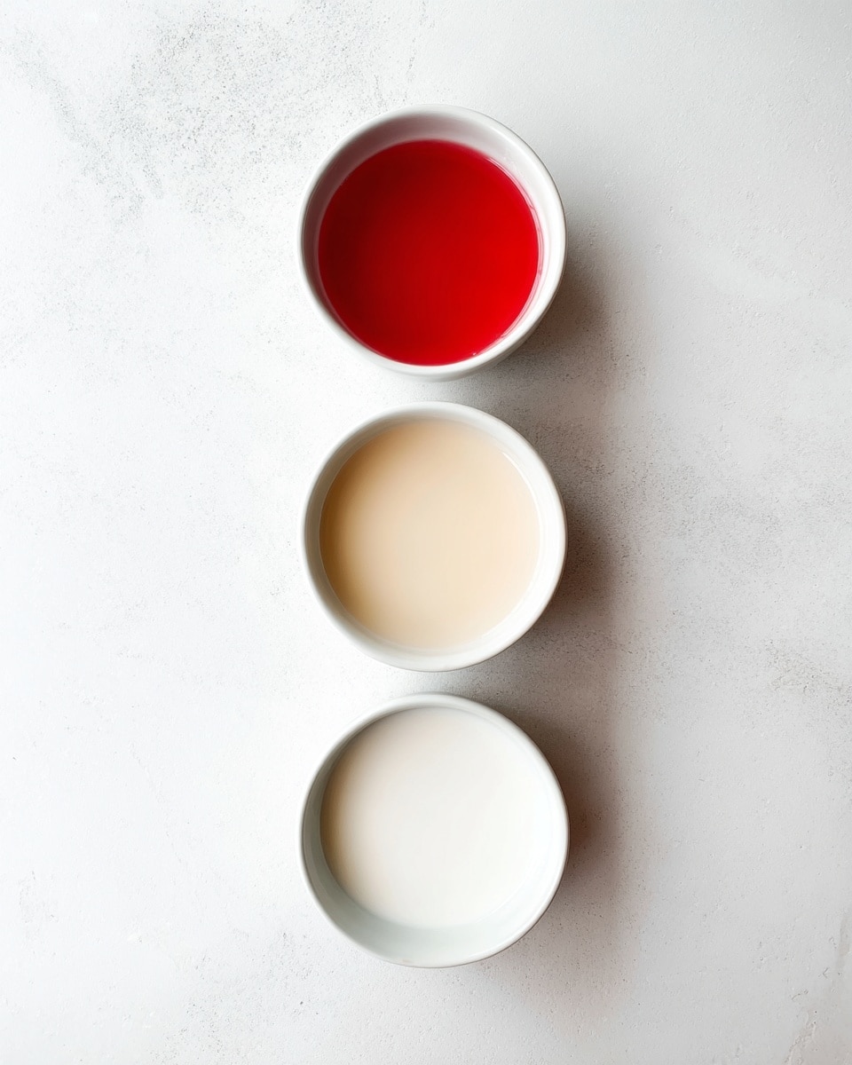 The image shows three small white bowls arranged vertically on a white marbled surface. The top bowl contains a bright red liquid with a smooth and shiny texture. The middle bowl holds a light beige or creamy colored liquid, also smooth in appearance. The bottom bowl contains a white liquid that looks slightly thicker than water, with a glossy finish. Each bowl is round and simple, and there is plenty of empty space around them, enhancing the clean and minimalist look. photo taken with an iphone --ar 4:5 --v 7
