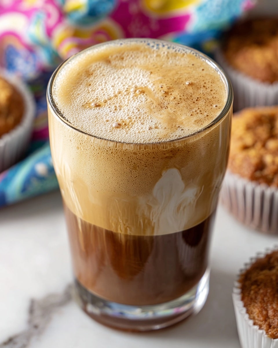 The image shows a clear glass filled with a layered cold coffee topped with a thick, bubbly foam layer that is light brown and creamy, covering almost the entire surface. Beneath the foam, the middle layer is a lighter brown shade with slight swirling textures, indicating a mix of coffee and cream. The bottom layer is a darker brown, solid coffee color with smooth texture. The glass sits on a white marbled surface, surrounded by partially visible muffins with a crumbly texture in white baking cups, and a colorful blurred cloth with bright patterns in the background. Photo taken with an iphone --ar 4:5 --v 7