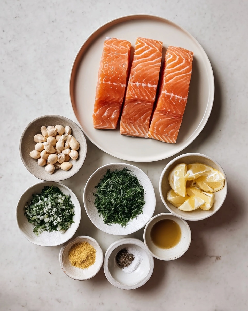 The image shows four pieces of bright orange salmon with white lines placed side by side on a large white plate at the top. Below, there are several small white bowls arranged on a white marbled surface: one bowl has pale round nuts, another has green chopped herbs, another has green dill, one holds yellow grated ginger, a bowl with light brown mustard paste, two bowls with amber liquid, one has white creamy sauce, one bowl contains coarse white salt, and another has black pepper. There is also a small white bowl with lemon wedges on the right side. Photo taken with an iphone --ar 4:5 --v 7