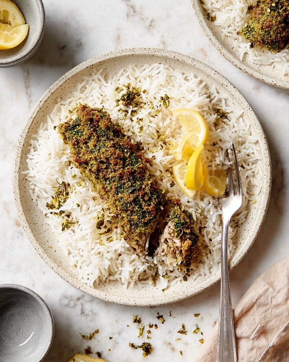 The dish shows a round white plate with a speckled pattern, sitting on a white marbled surface. The plate holds a base layer of white long-grain rice spread evenly. On top of the rice, there is a piece of cooked salmon covered in a thick, crumbly green herb crust. The crust has a rough texture with a mix of green and light brown colors. The salmon inside is pink and flaky, and a piece of it is separated, showing its soft texture. To the side, two lemon wedges with bright yellow skin and pale yellow flesh rest on the rice. Some crumbs from the crust are scattered around the plate, adding texture and color contrast. Photo taken with an iphone --ar 4:5 --v 7