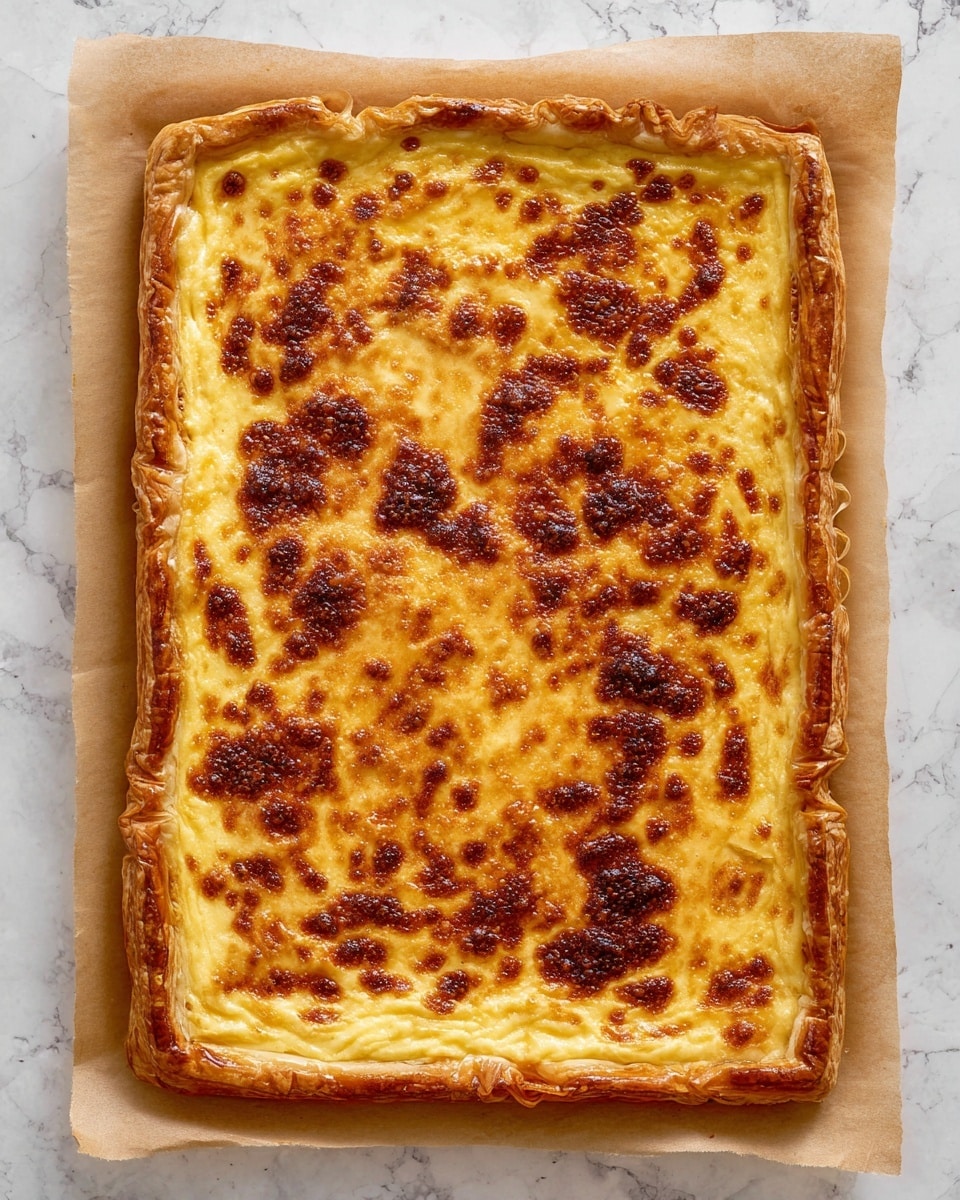 The image shows a rectangular puff pastry tart on a sheet of parchment paper placed on a white marbled surface. The tart has two visible layers: the base layer is a golden-brown, flaky, crisp puff pastry crust with raised edges, and on top is a thick, creamy yellow cheese layer with browned, bubbly spots scattered unevenly across the surface, indicating it was baked until the cheese melted and formed a lightly charred texture. The edges of the tart are slightly darker, showing a well-baked crust. Photo taken with an iphone --ar 4:5 --v 7