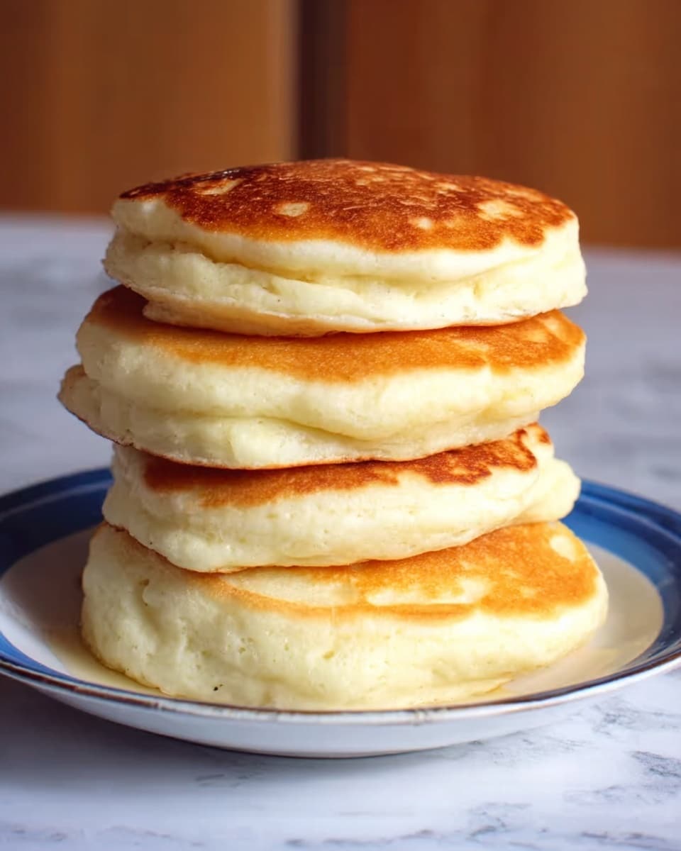 A stack of four thick pancakes is shown on a white plate with a blue rim, placed on a white marbled surface. Each pancake is golden brown on the top with a fluffy, pale cream interior visible at the edges. The pancakes are evenly stacked, with slight irregularities in shape giving them a homemade look. The background is blurred, highlighting the light texture and soft appearance of the pancakes. photo taken with an iphone --ar 4:5 --v 7
