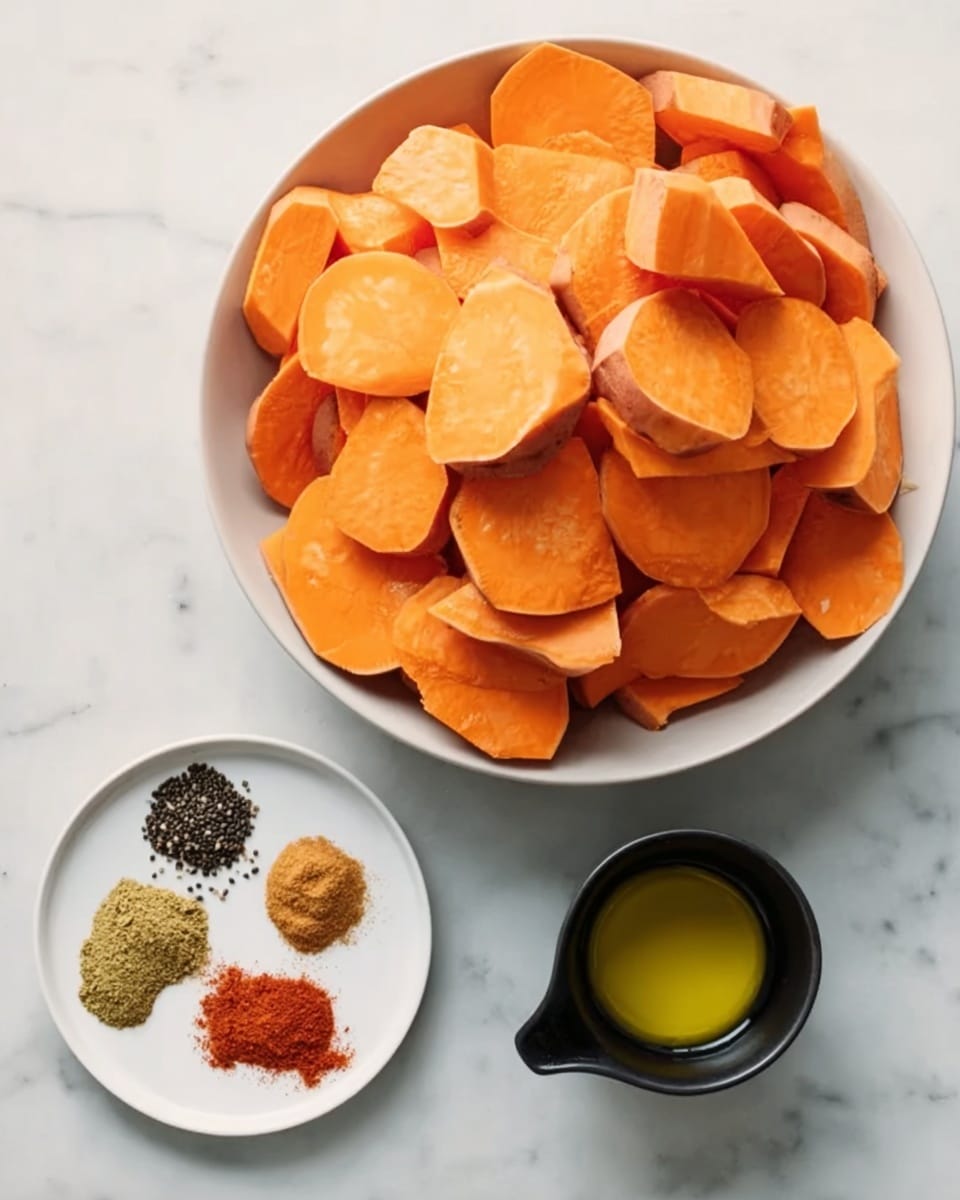 A large white bowl filled with many thick slices of bright orange sweet potatoes, each piece having a smooth texture and irregular shapes stacked together. To the right, there is a small black cup with a small amount of yellowish olive oil inside, showing a shiny surface. Below it, a small white plate holds five different finely ground spices, arranged in small piles with varied colors: light brown, greenish-yellow, dark brown, bright red, and black with white specks. Everything is placed on a white marbled surface. Photo taken with an iphone --ar 4:5 --v 7